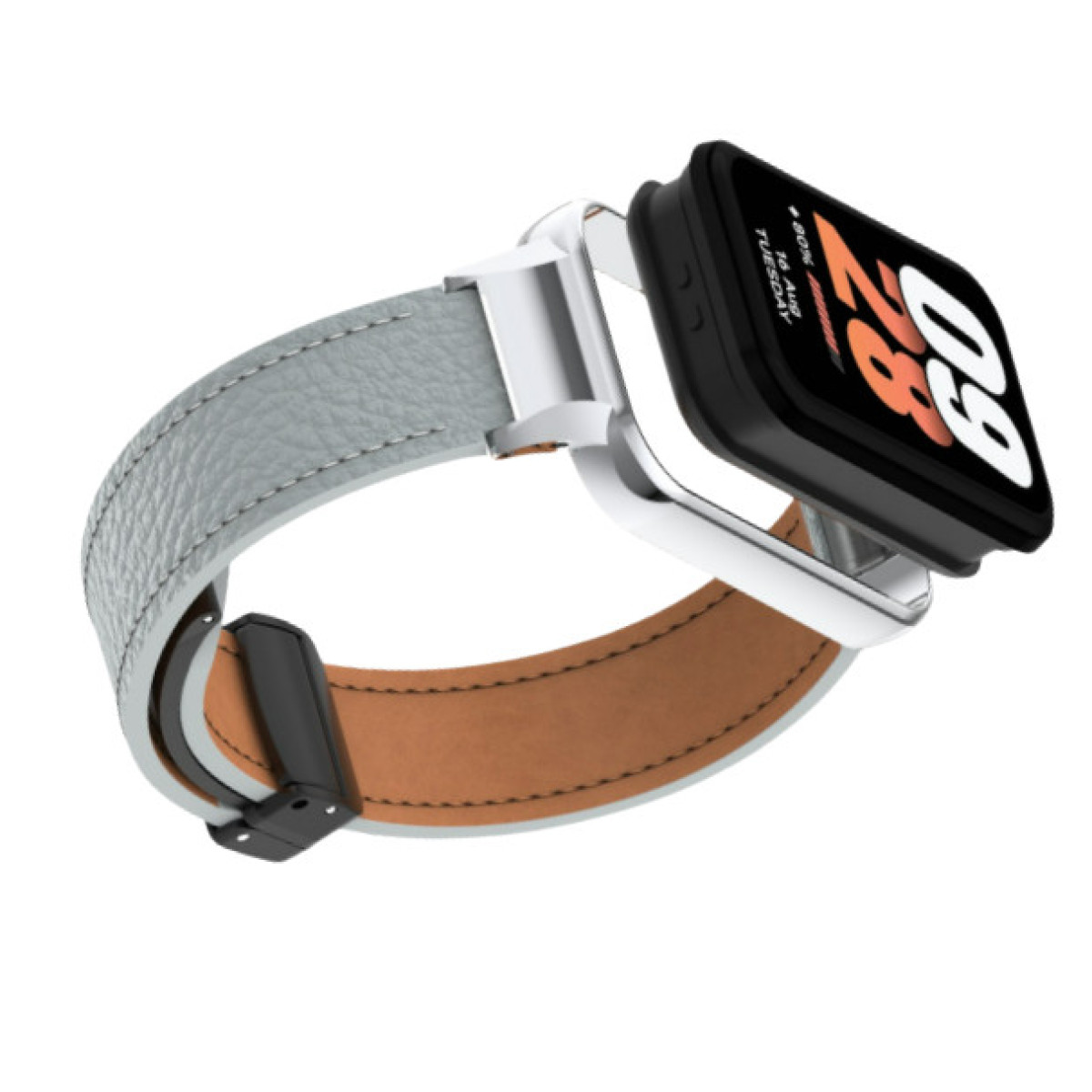 Uno smartwatch con schermo nero mostra l'ora, attaccato a un cinturino in pelle grigia.