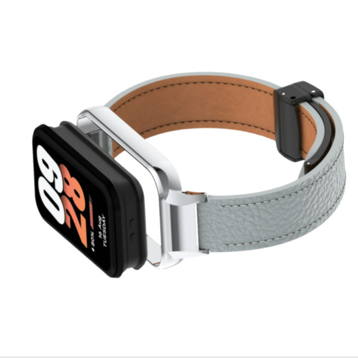 Smartwatch con display nero, cornice argentata e cinturino in pelle grigio chiaro. Lo schermo mostra l'ora.