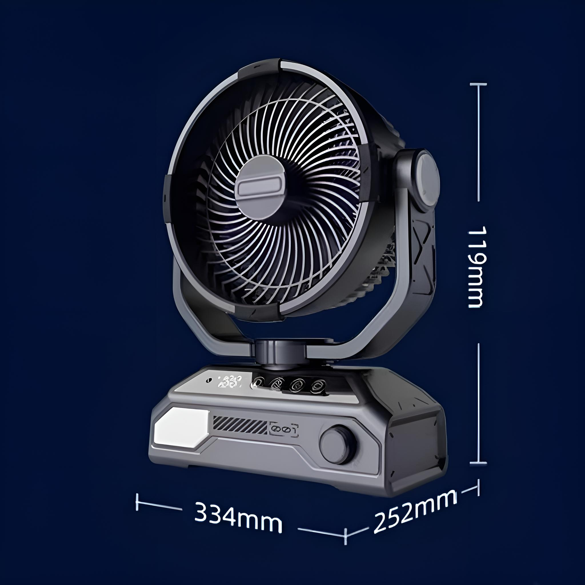 Ein schwarz-grauer Ventilator mit angezeigten Abmessungen. Blauer Hintergrund. Der Ventilator hat ein digitales Display.