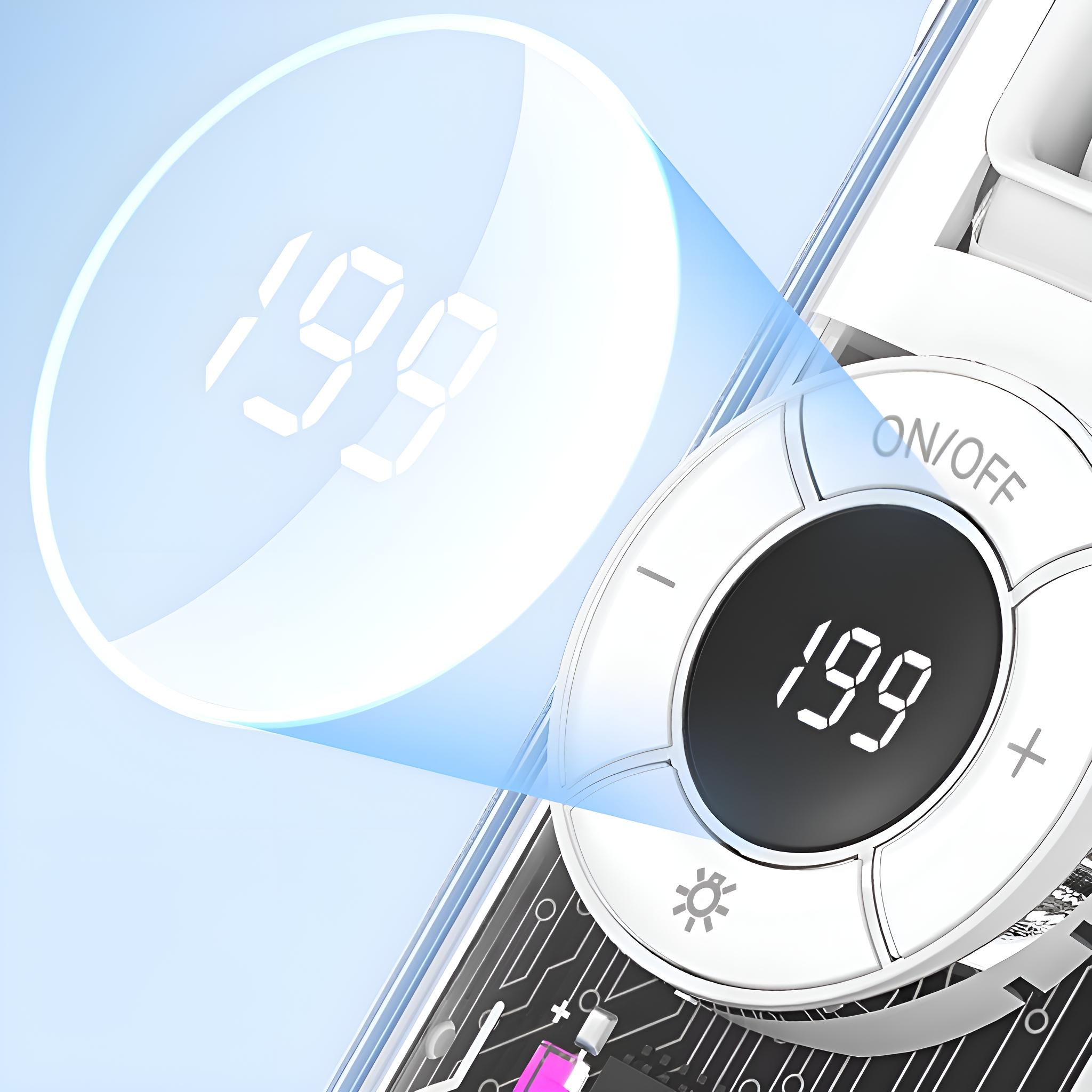 Nahaufnahme eines Digitaldisplays mit der Zahl 199 auf einem weiß-schwarzen Ventilator. Blaue Markierung.