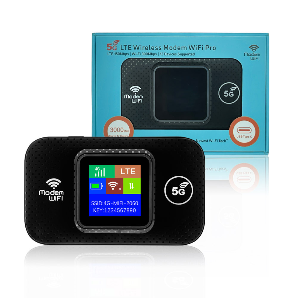5G LTE Wireless Modem WiFi Pro Box und Modem. Text: 5G LTE 150 Mbit/s, USB Typ C und Modem WiFi.