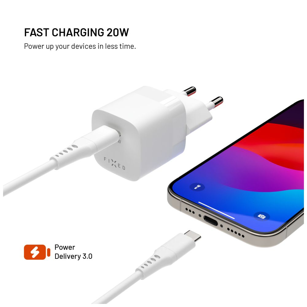Ein weißes Ladegerät, das mit einem Kabel an ein Telefon angeschlossen ist. Text: SCHNELLES LADEN 20W, Power Delivery 3.0.
