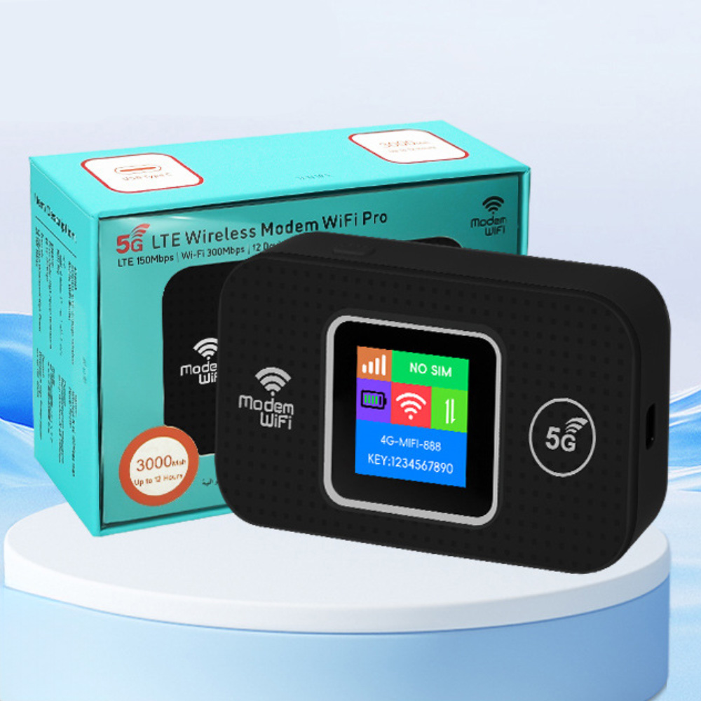 Schwarzes drahtloses Modem mit Bildschirm, eine türkisfarbene Box im Hintergrund.