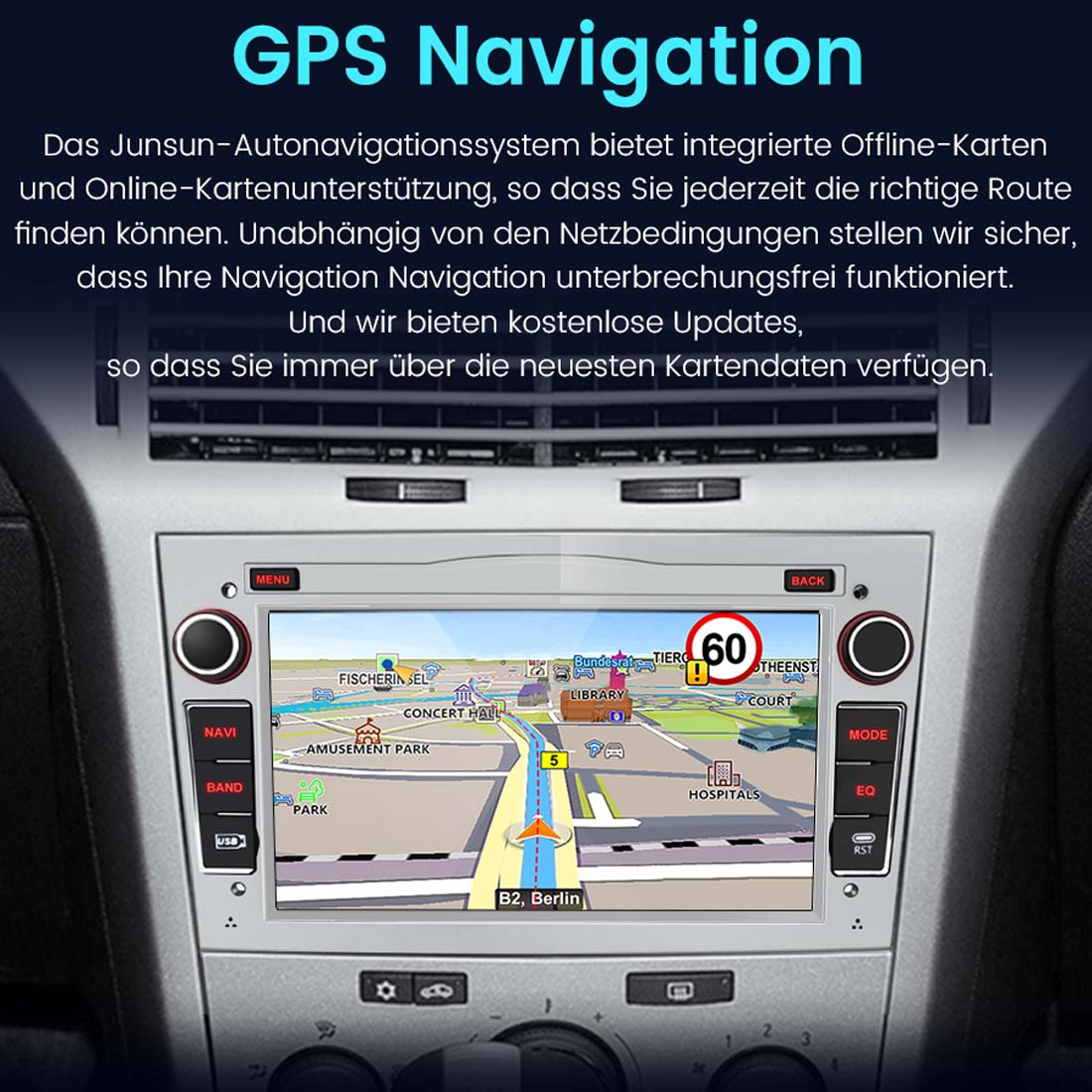 Auto-Navigationsbildschirm mit Karten- und Routenführung.