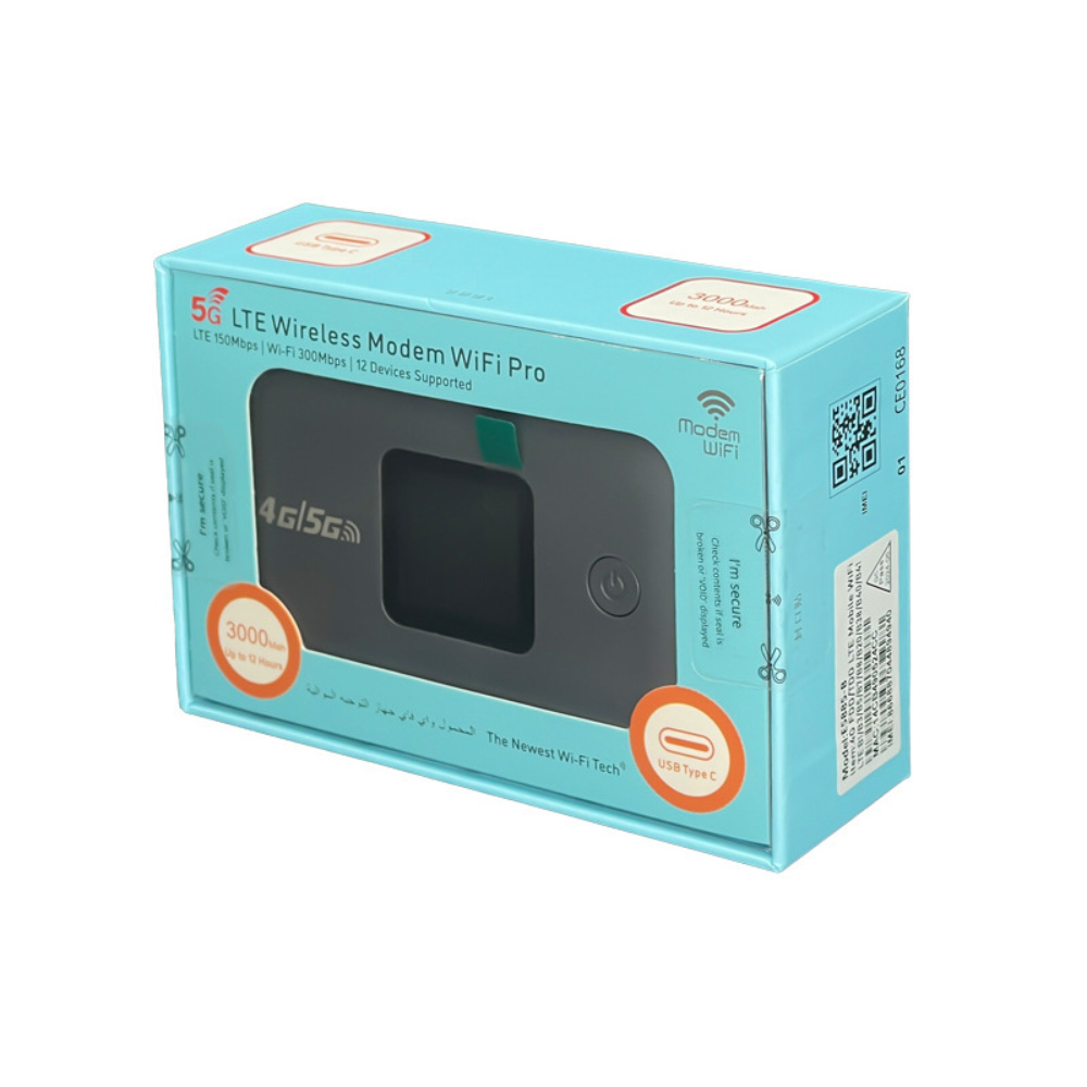 Türkisfarbene Box mit 5G LTE-WLAN-Modem, Gerätedetails und Ein-/Aus-Taste.
