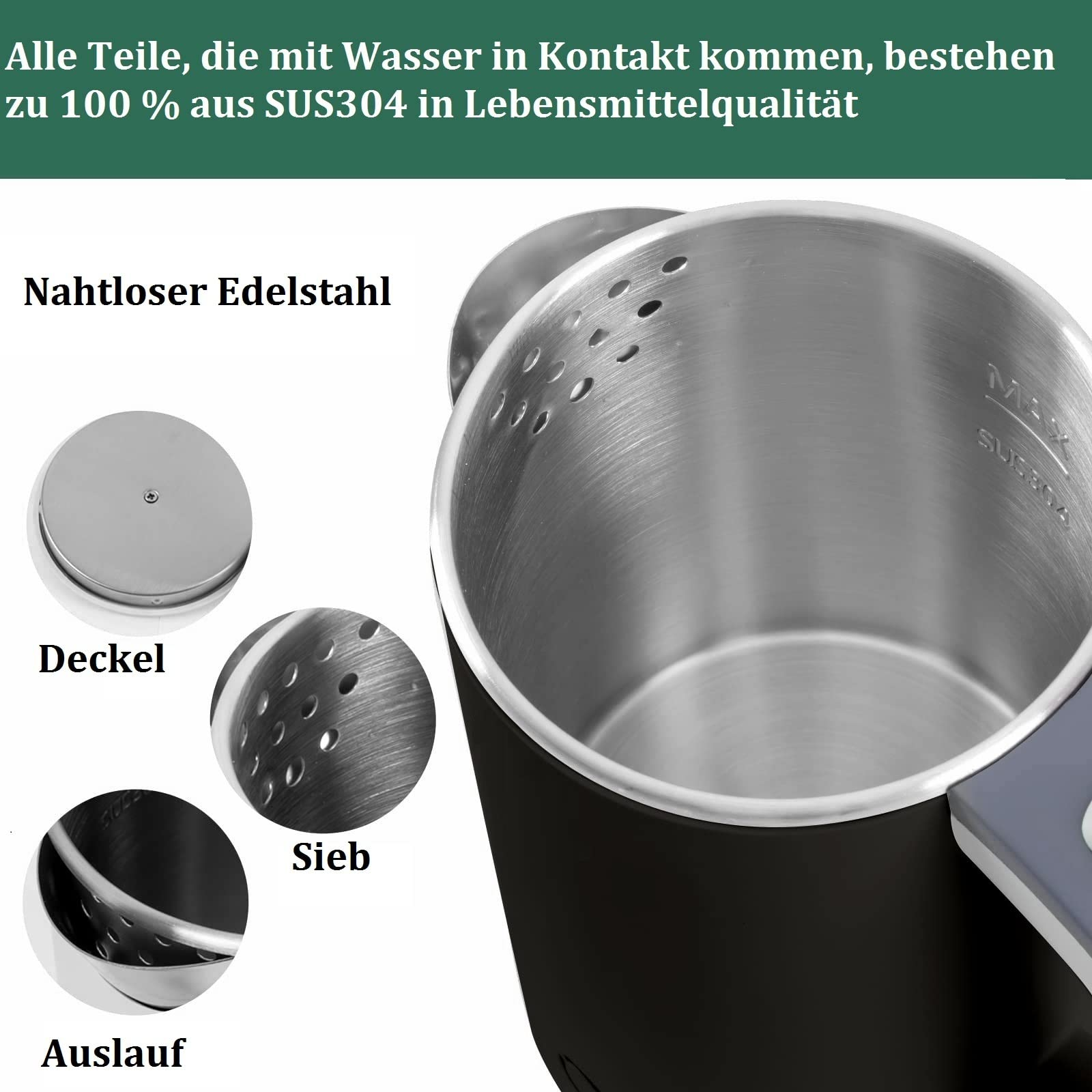 Nahaufnahme von Wasserkocherteilen aus Stahl. Details zu Deckel, Ausguss und Filter sind sichtbar.