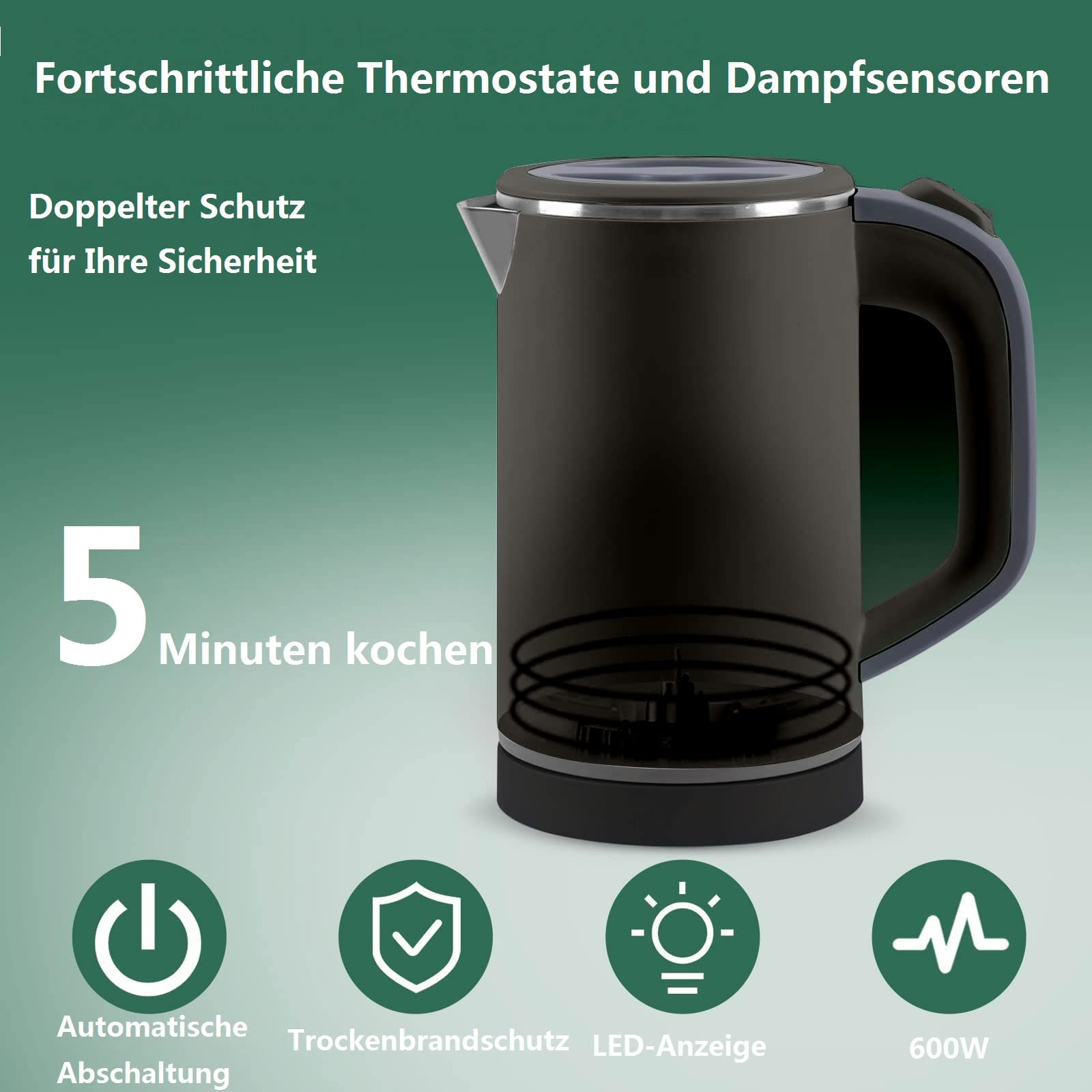 Schwarzer Wasserkocher mit Symbolen für Sicherheitsmerkmale und einer Kochzeit von 5 Minuten.
