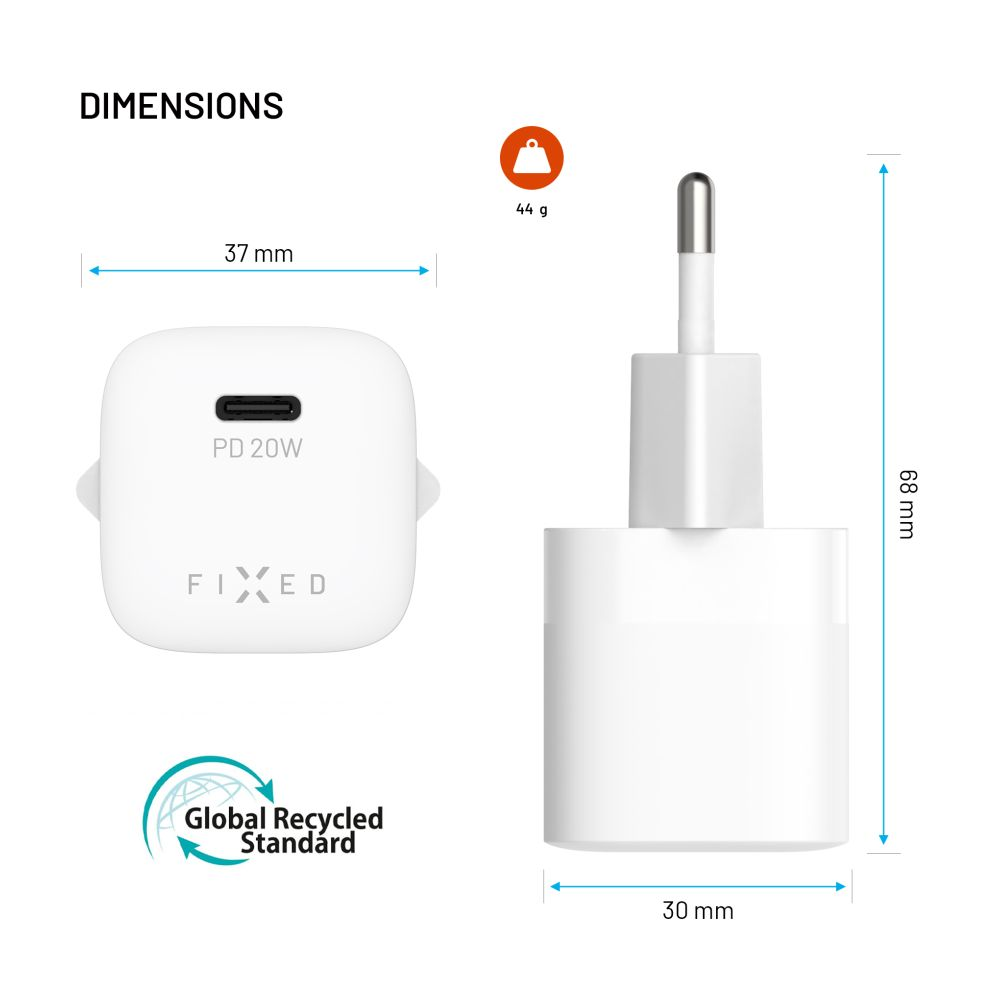Weißes Netzteil mit USB-C-Anschluss und Maßangaben, neben einem festen Logo und Recycling-Standard.