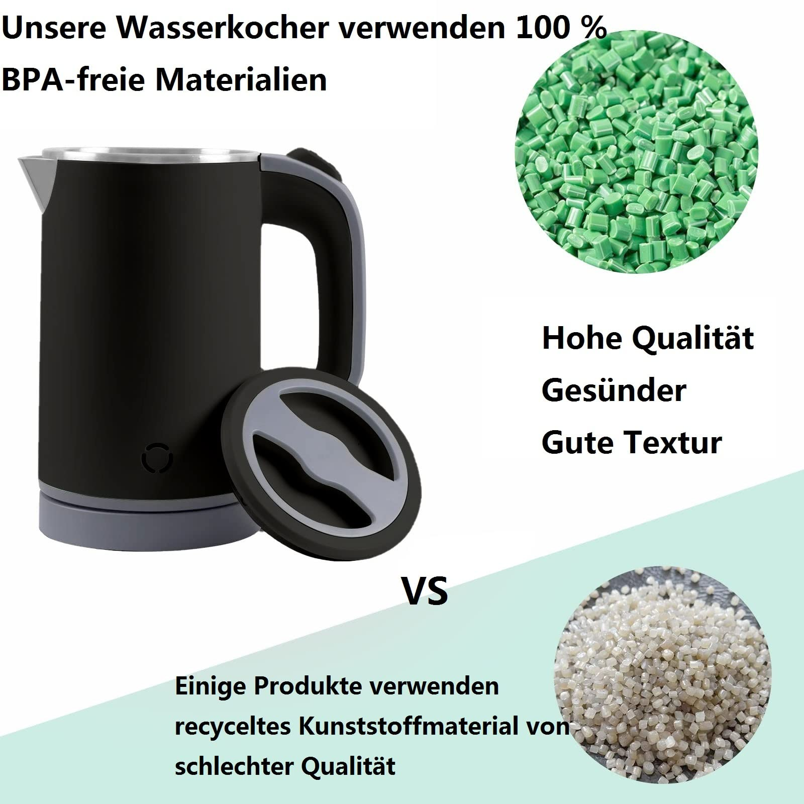 Schwarzer Wasserkocher mit Deckel und grüne Kunststoffpellets. Informationen über BPA-freie Materialien.