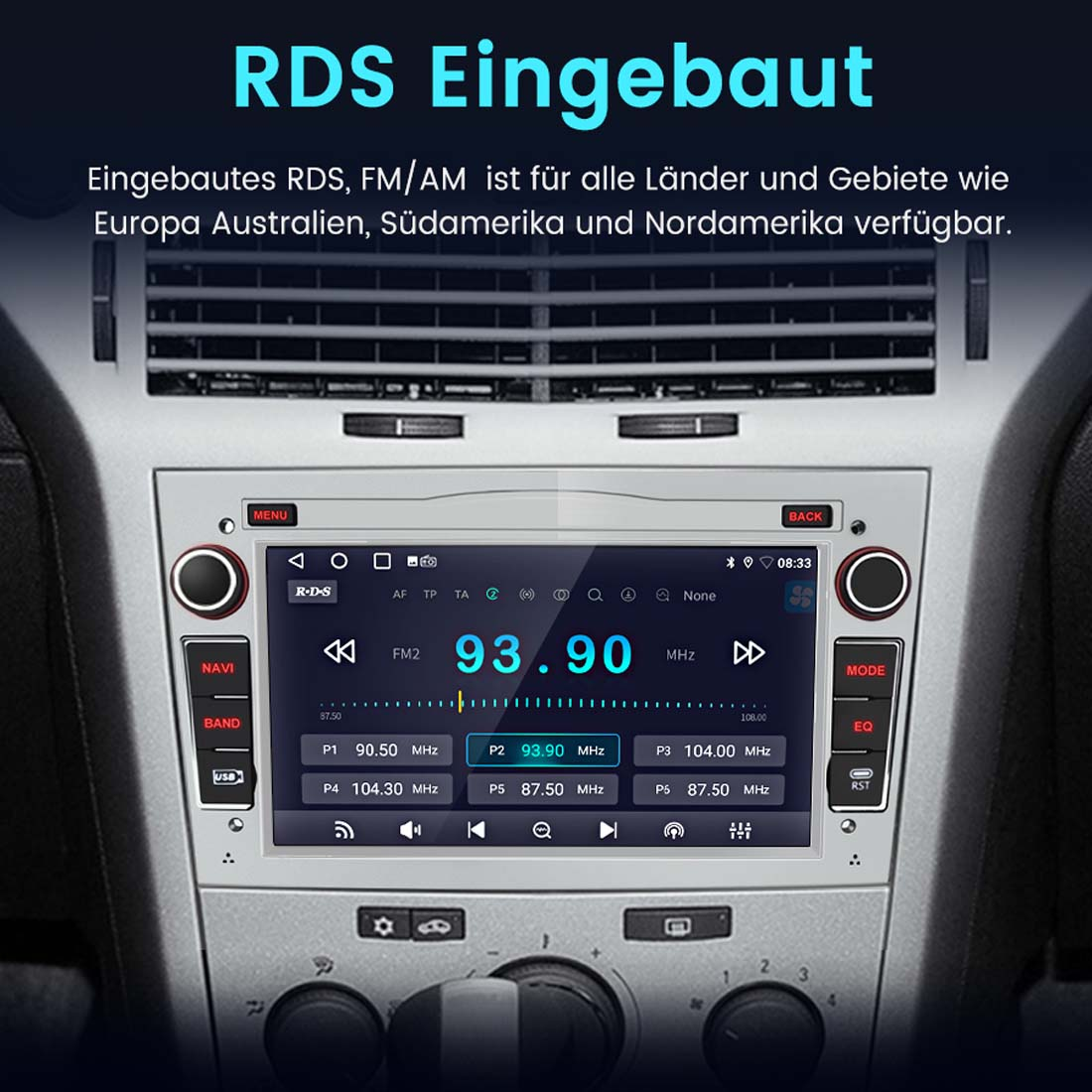 Autoradio-Bildschirm mit RDS-Funktion. Anzeige zeigt FM-Radiosenderinformationen.