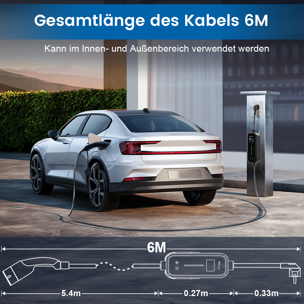 Samochód elektryczny ładujący się na stacji. Pokazuje kabel do ładowania i samochód. Diagram ilustruje długość i wymiary kabla.