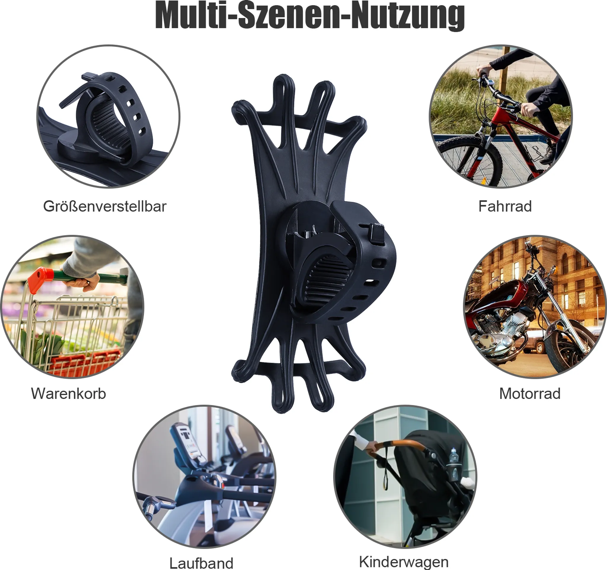 Ein Telefonhalter an verschiedenen Objekten montiert: einem Fahrradlenker, einem Einkaufswagen, einem Laufband, einem Motorrad und einem Kinderwagen.