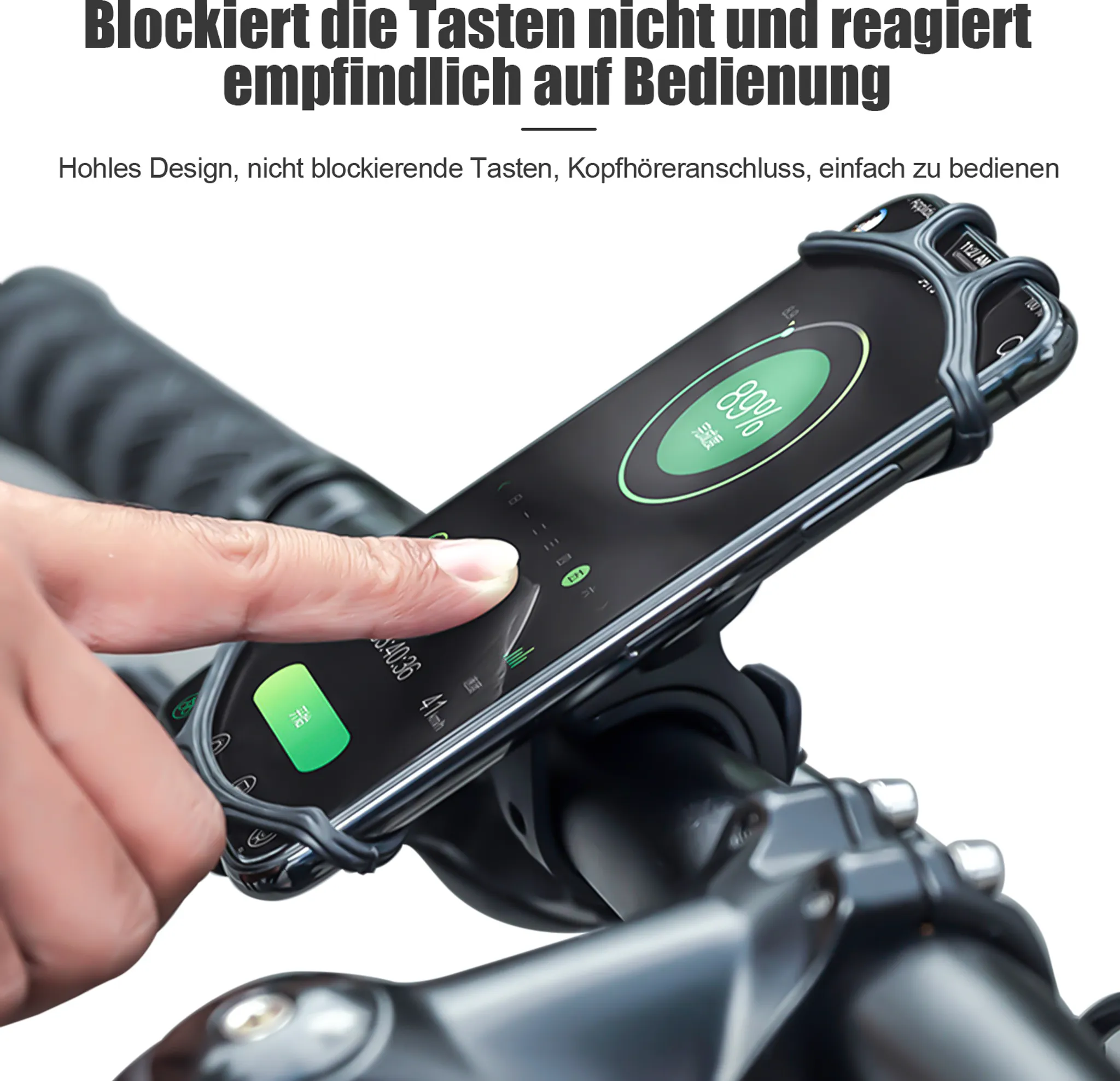 Ein Telefon, das an einem Fahrradlenker montiert ist. Ein Finger berührt den Bildschirm. Das Telefon zeigt den Akku an.
