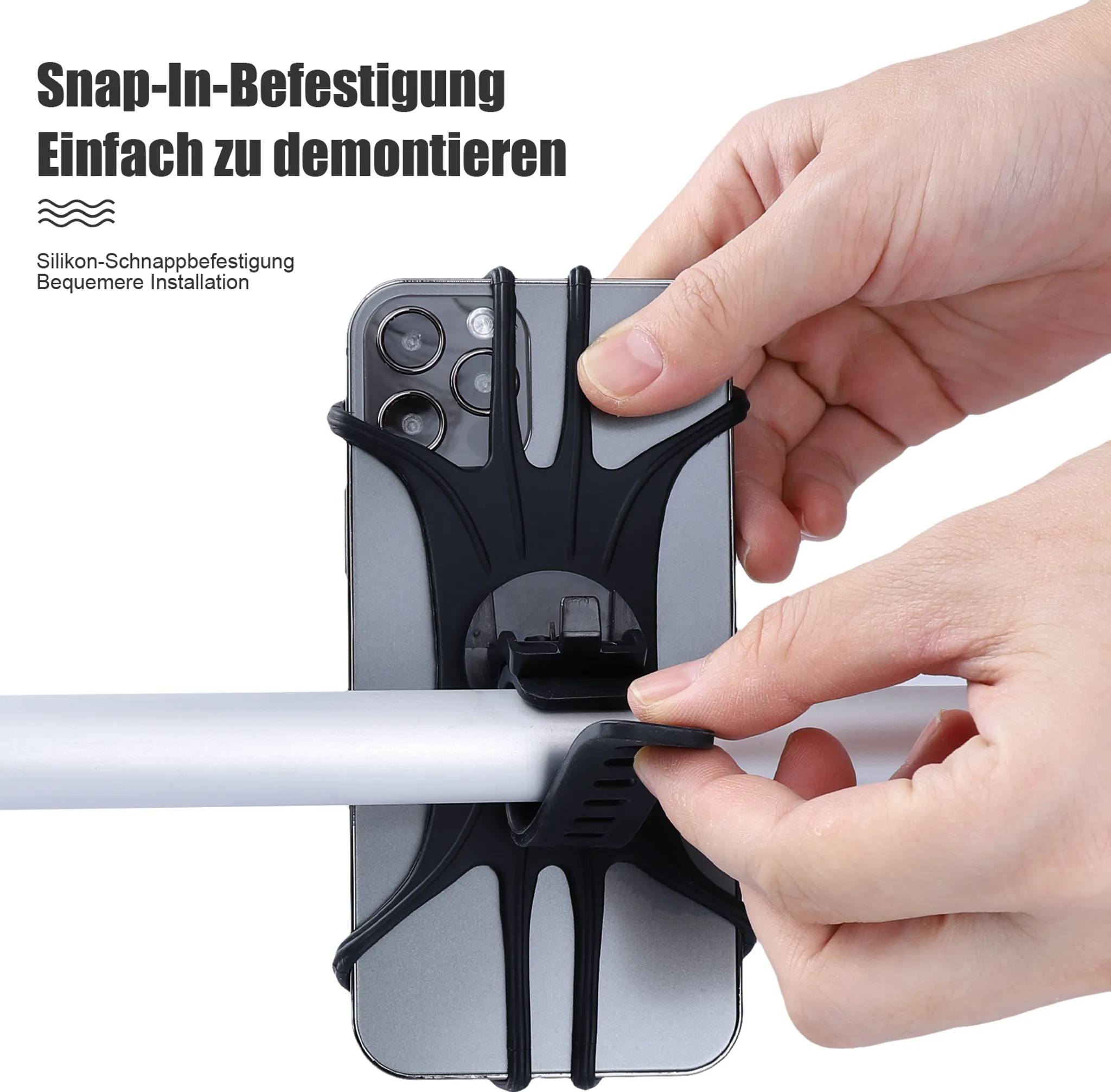 Hände einer Person, die ein Telefon an einem schwarzen Telefonhalter befestigen.