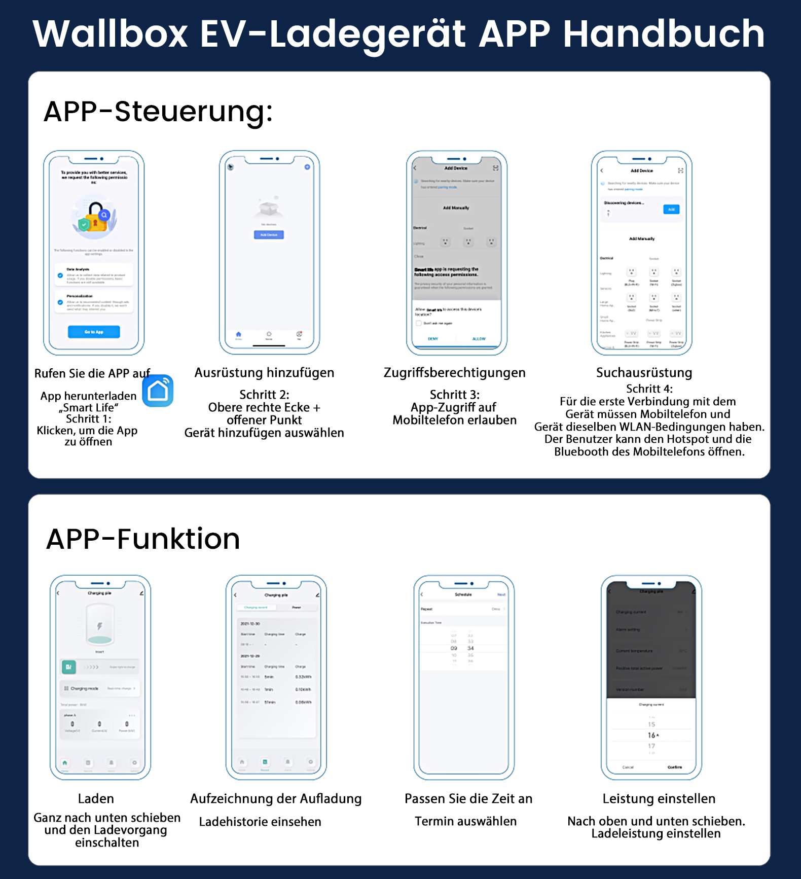 Screenshots auf einem Telefon, die App-Anweisungen und -Funktionen zeigen.