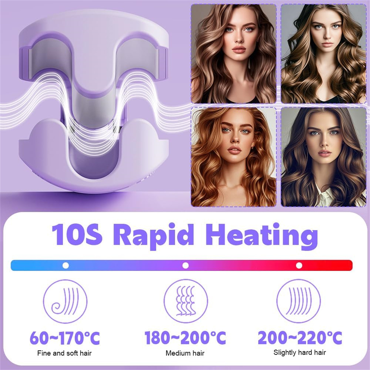 Ein Haarstyling-Werkzeug mit mehreren Bildern von Frauen mit verschiedenen Frisuren, die die Heizfähigkeiten des Werkzeugs hervorheben.