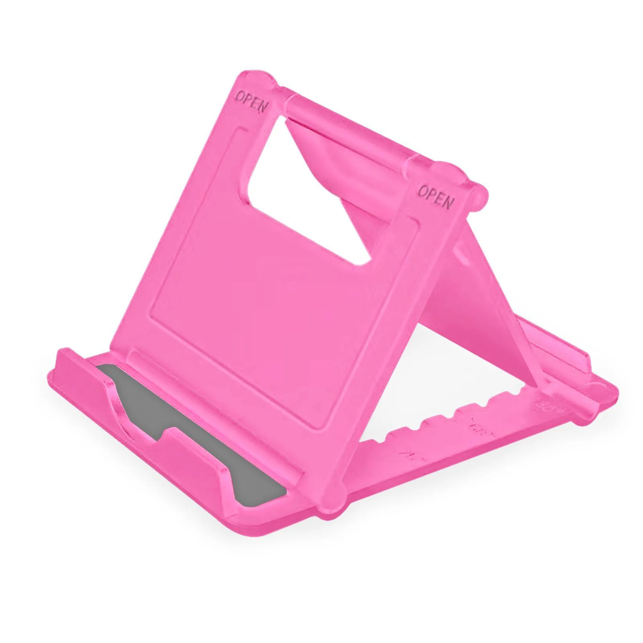 Ein rosa Tablet-Ständer, abgewinkelt zur Anzeige.