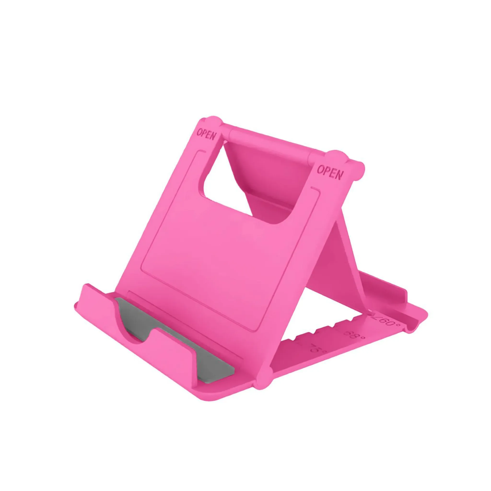 Ein rosa Tablet-Ständer, abgewinkelt zur Anzeige.
