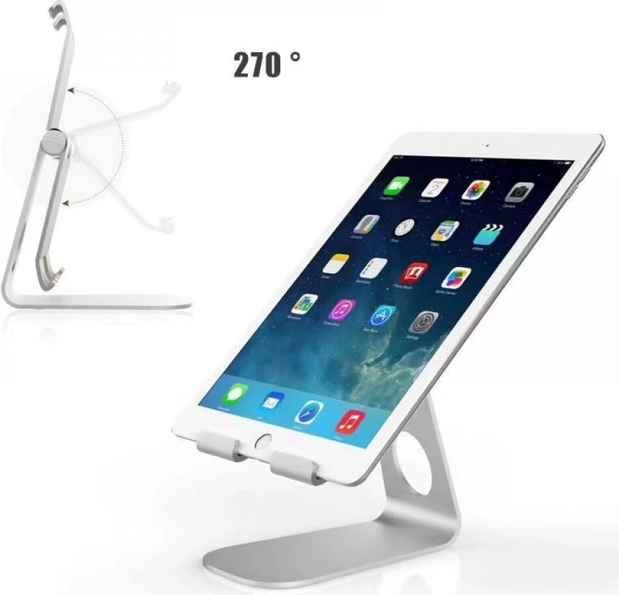 Tablet von silbernem Ständer gehalten, abgewinkelt. Der Ständer ermöglicht 270-Grad-Drehung auf weißer Oberfläche.