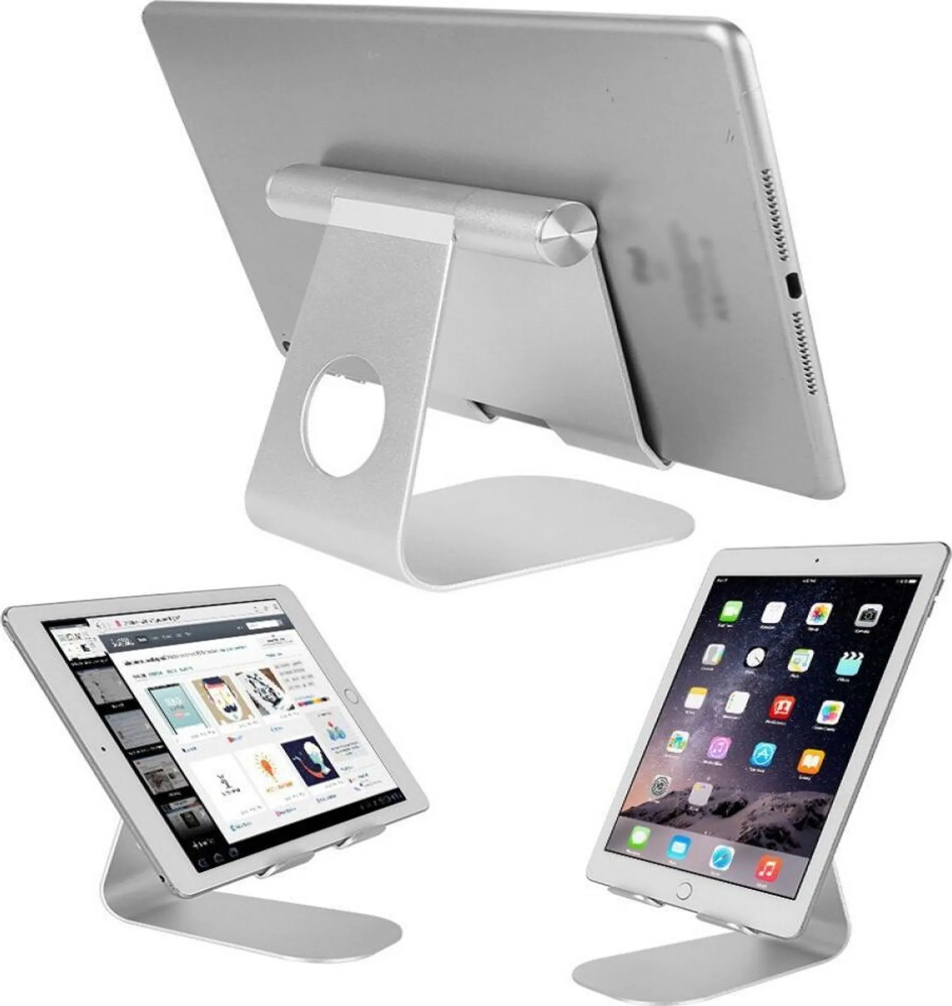 Ein silbernes Tablet auf einem silbernen Ständer. Das Tablet zeigt eine Webseite und App-Symbole an.