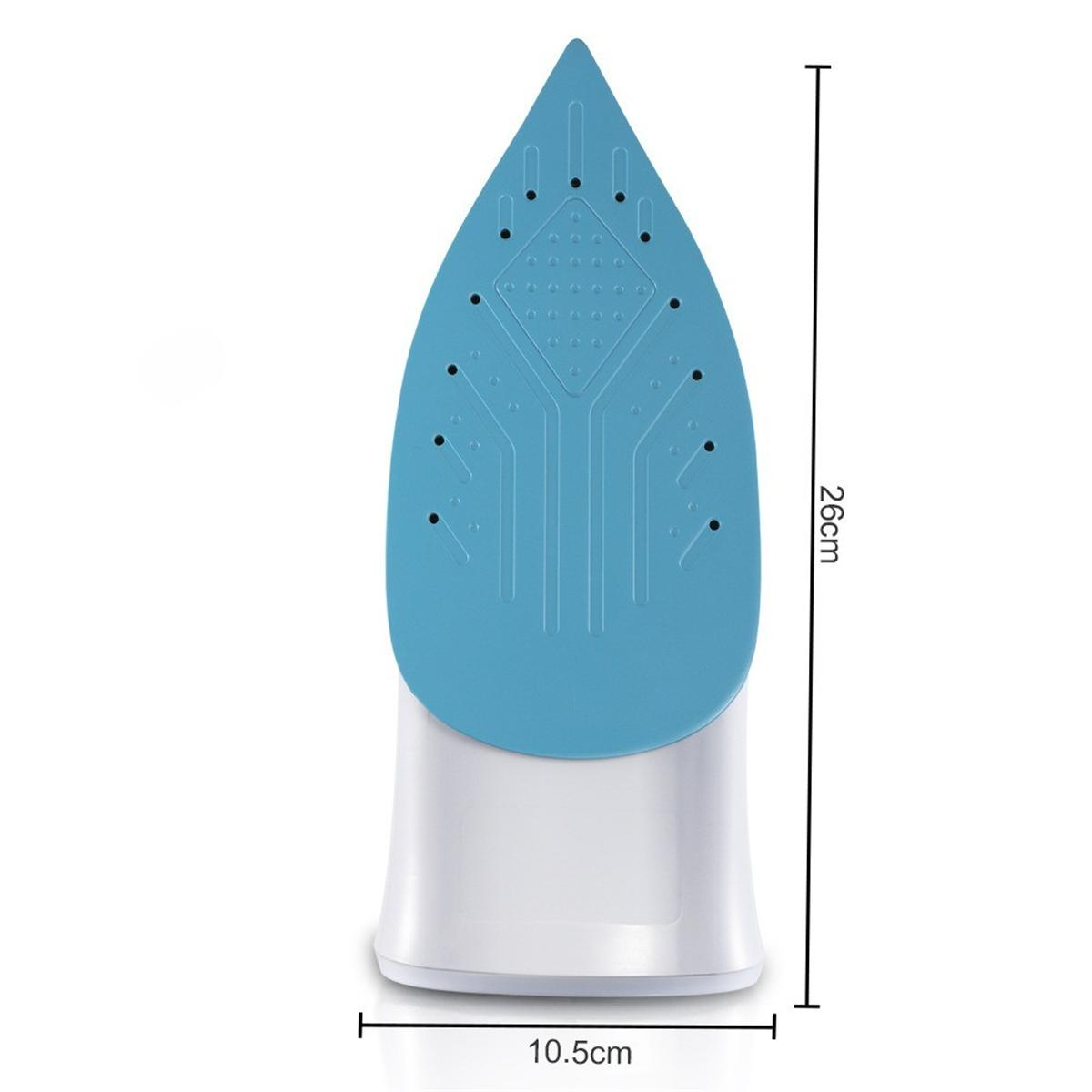 Ein weißes Bügeleisen mit blauem Sohlenplatte, 26 cm lang und 10,5 cm breit.