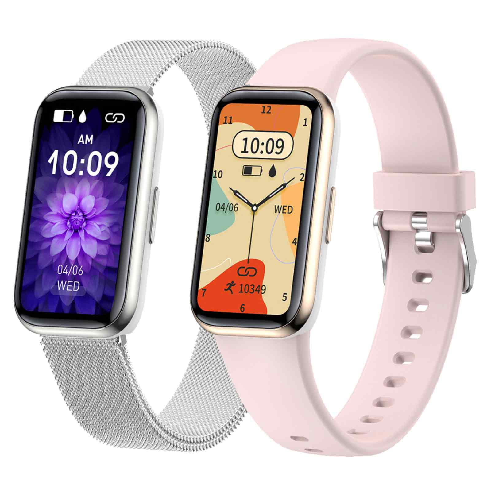 Zwei Smartwatches. Eine mit silbernem Band und lila Display, die andere rosa mit Gold.