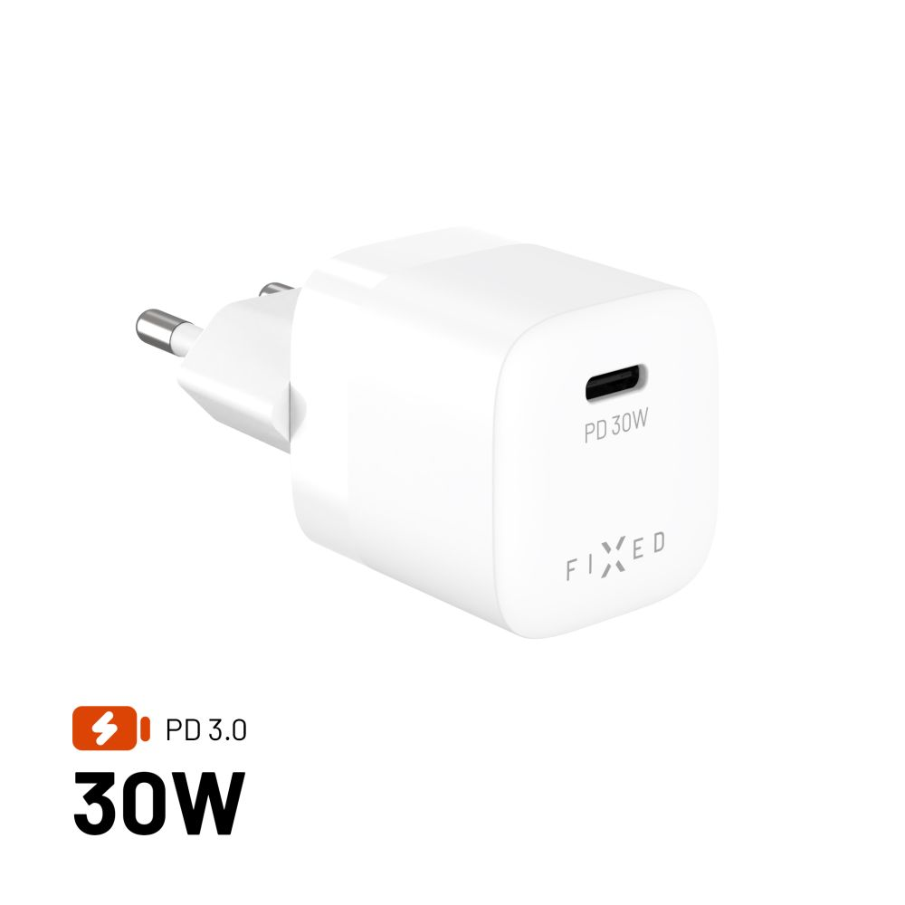 Weißes 30W-Ladegerät mit Eurostecker. Es trägt das Wort FIXED.