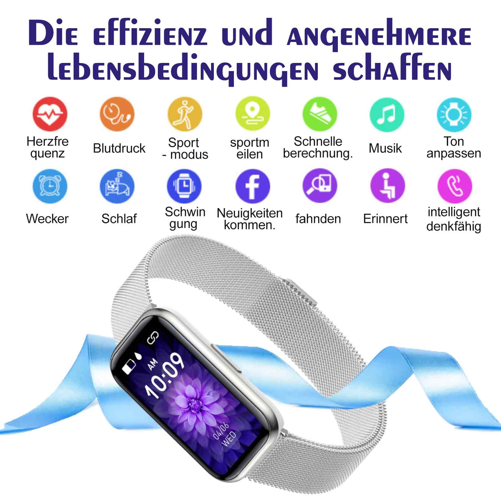 Eine Smartwatch zeigt Zeit und Datum an. Symbole stehen für Gesundheits- und Social-Media-Funktionen.