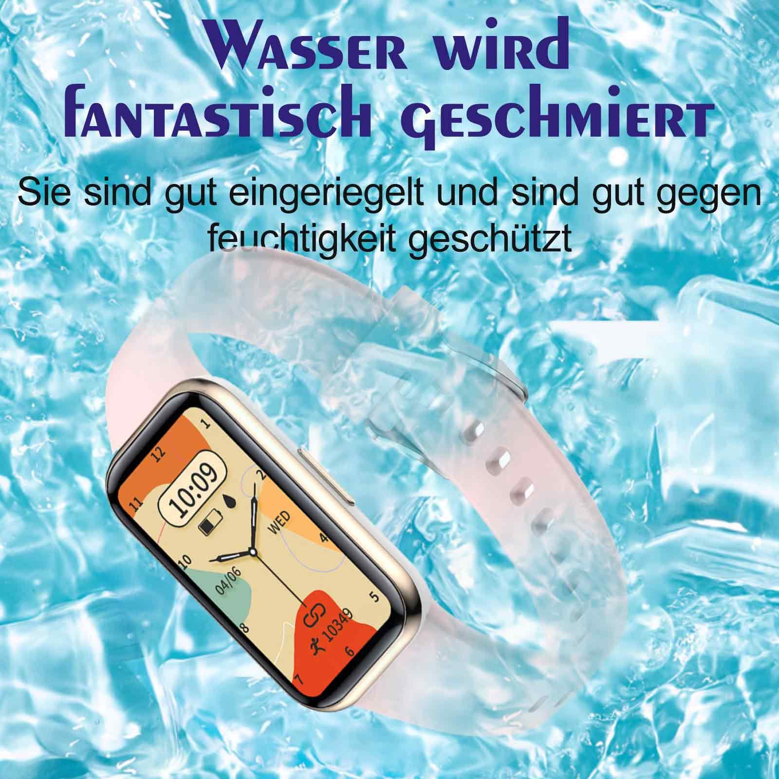 Eine Smartwatch mit Zeitanzeige. Sie befindet sich an einem Handgelenk, im Eis, mit Text über Geschmack und Schutz.