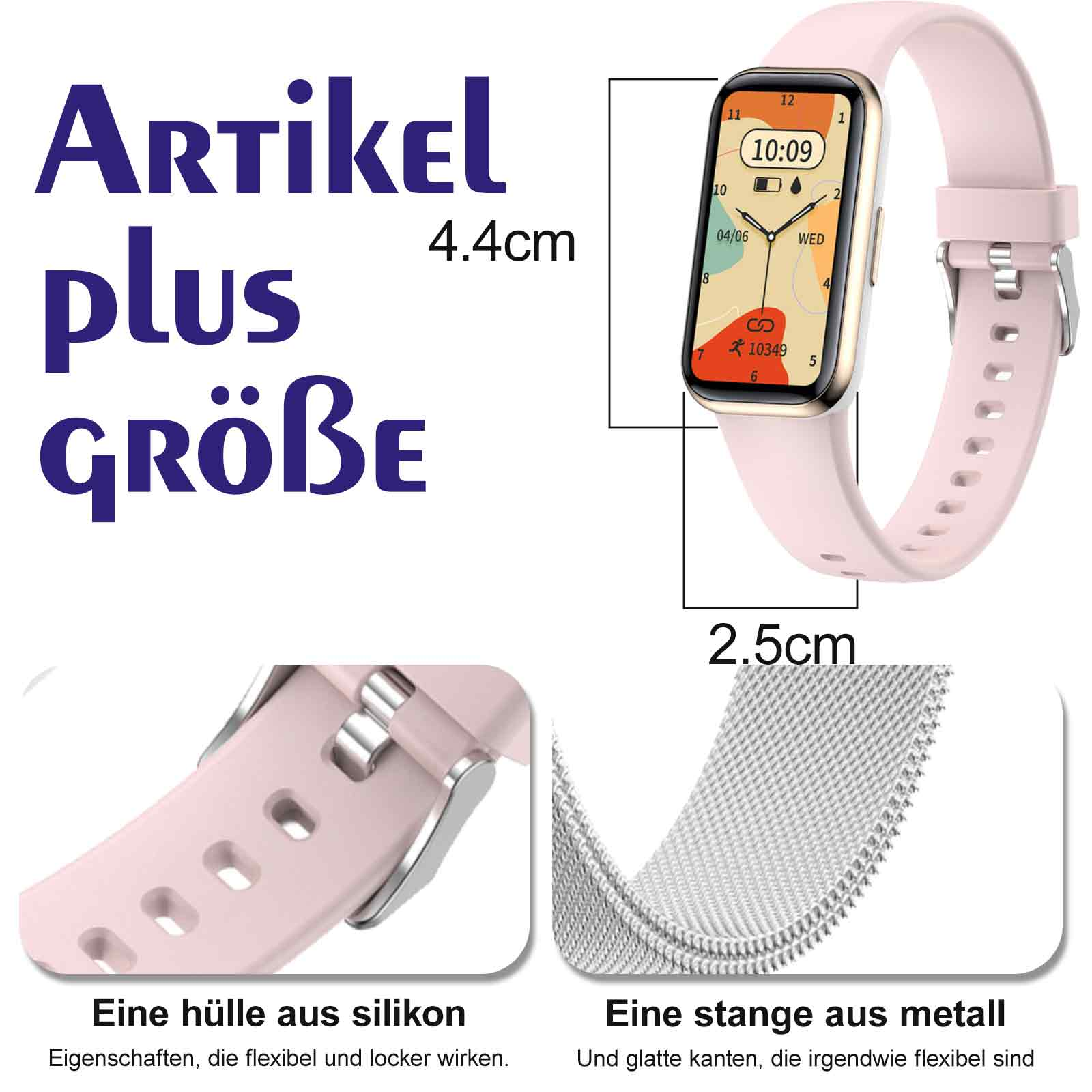 Eine rosa Smartwatch mit Metallband und Nahaufnahme des Bandes und des Verschlusses.