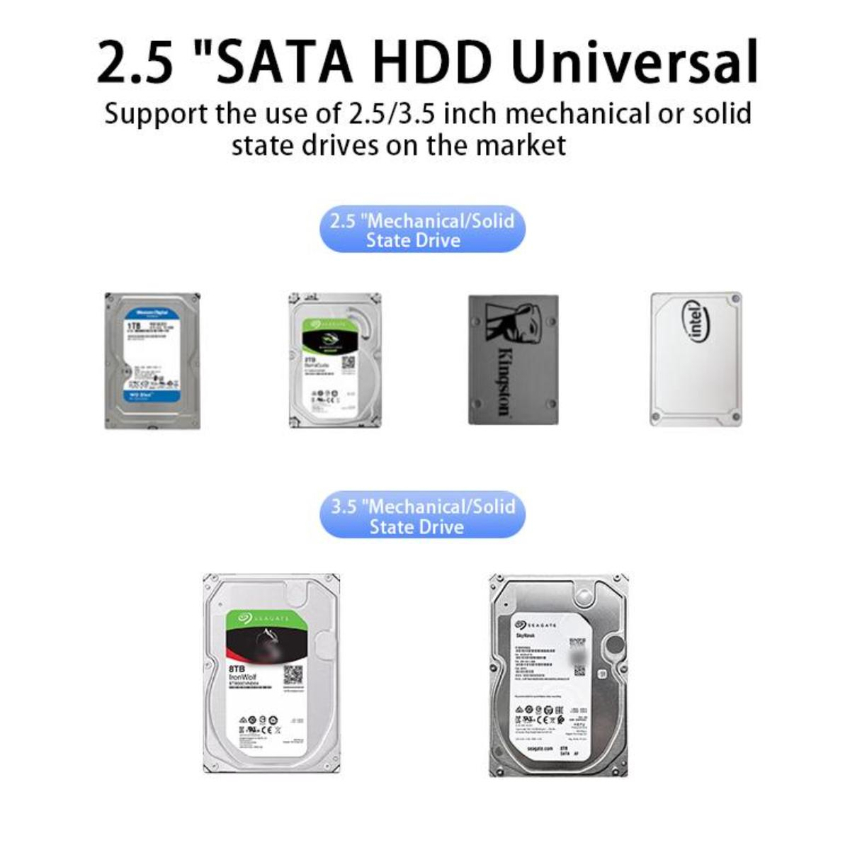 Verschiedene Festplatten werden gezeigt. Text erwähnt 2,5- und 3,5-Zoll-Festplatten und SSDs.