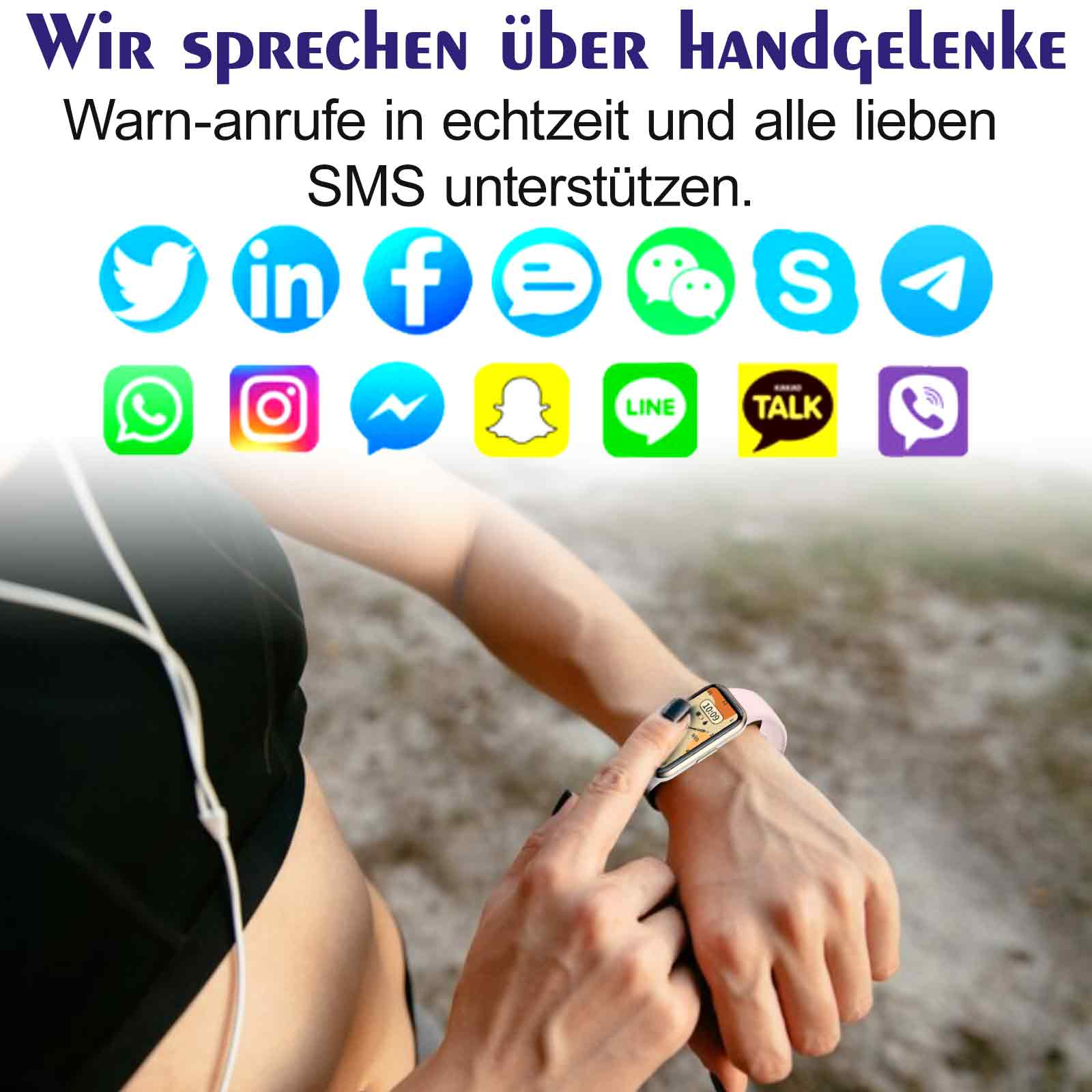 Ein Handgelenk mit einer Smartwatch, umgeben von Social-Media-App-Symbolen und Text über SMS-Unterstützung.