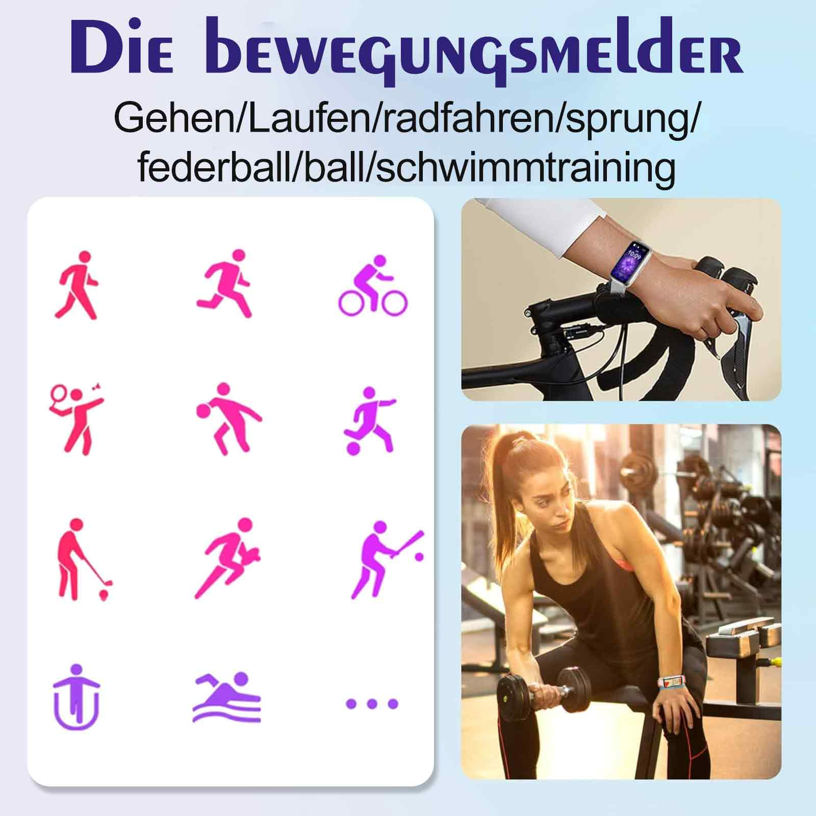 Verschiedene Aktivitätssymbole, eine Person auf dem Fahrrad und eine Frau, die Gewichte hebt, alles im Zusammenhang mit Fitness.