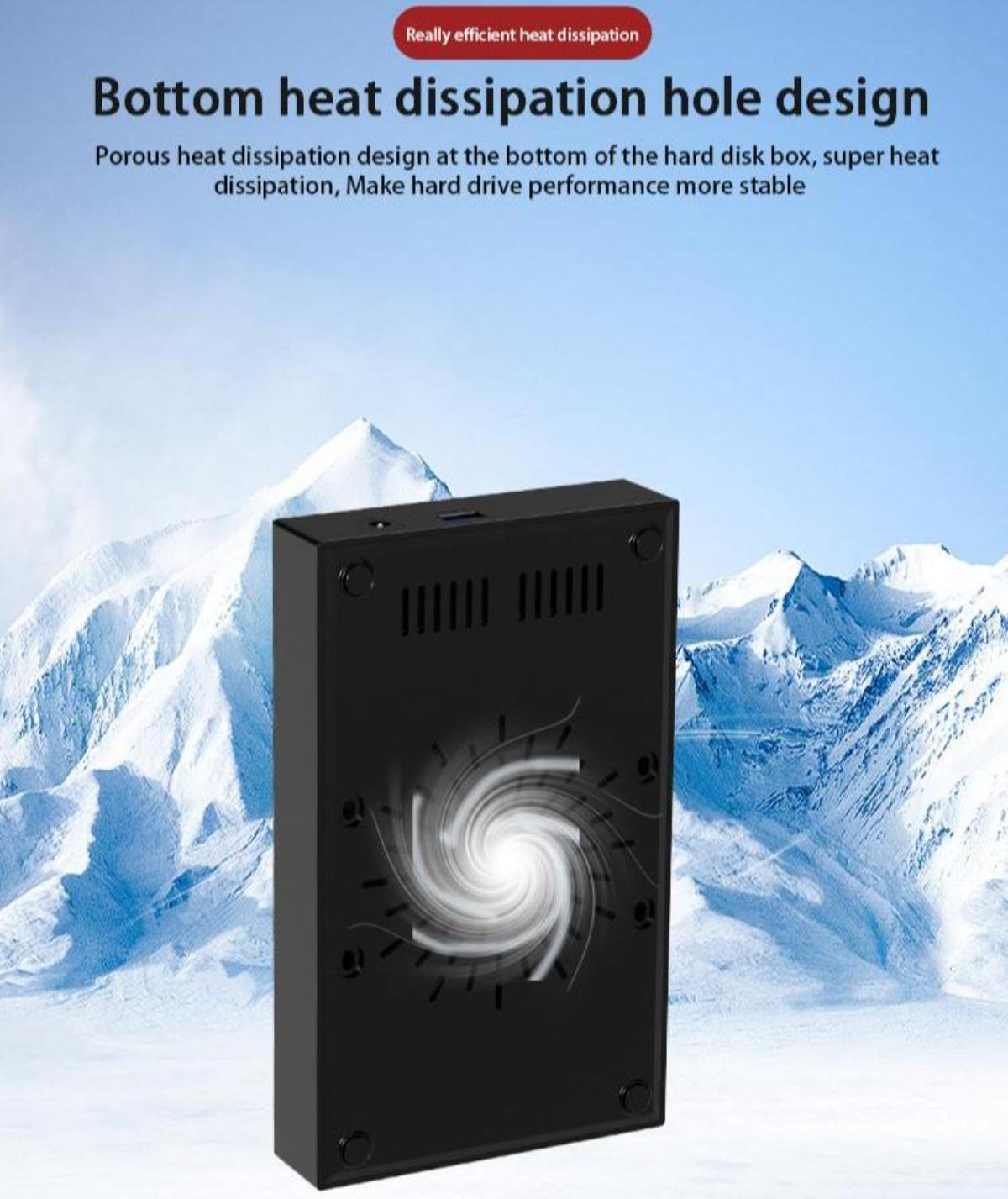 Ein schwarzes Festplattengehäuse mit Lüfterdesign auf der Rückseite, vor schneebedeckter Bergkulisse.