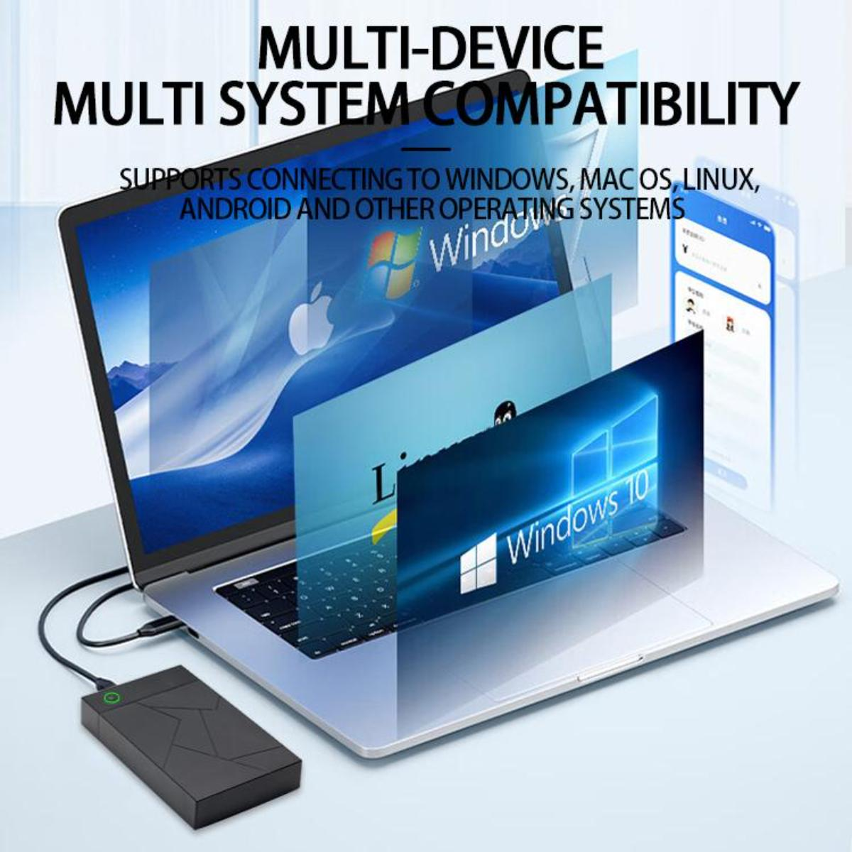 Laptop mit angeschlossener Festplatte. Zeigt verschiedene Betriebssysteme, darunter Windows, macOS und Android.