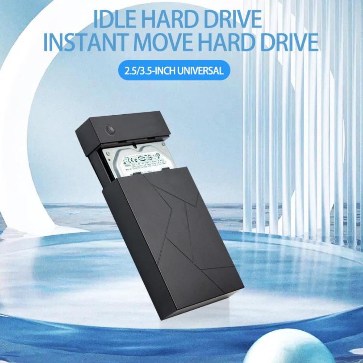 Externe Festplatte in schwarzem Schutzgehäuse mit Text über sofortige Bewegung und 2,5/3,5-Zoll-Universal.