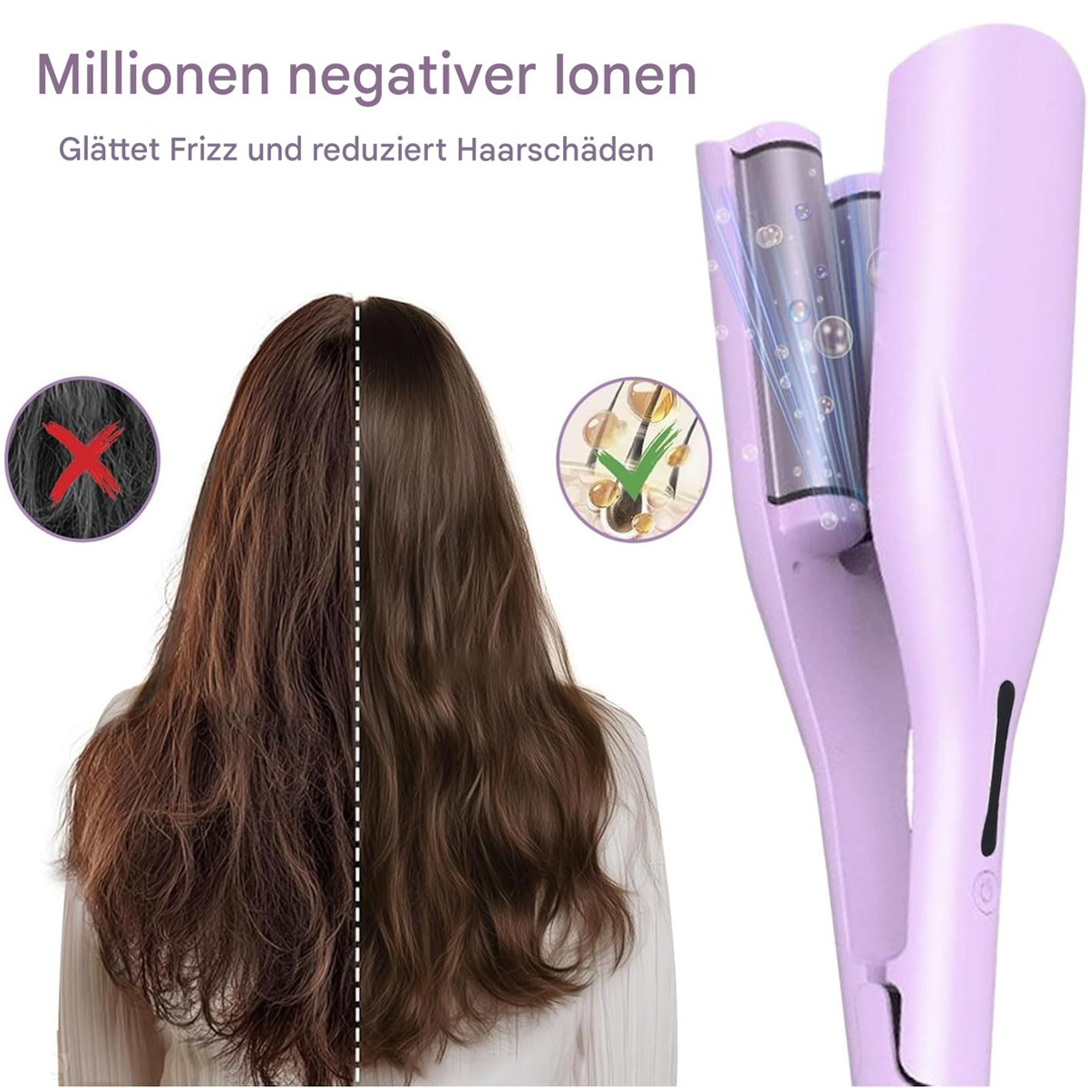 Das Bild zeigt die Wirkung eines Haarglätters. Linke Seite zeigt geschädigtes Haar, rechte Seite geglättetes Haar.