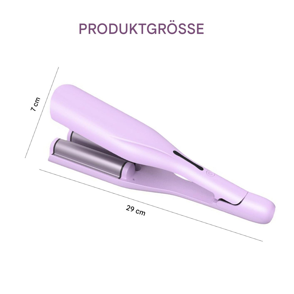 Ein lavendelfarbener Haarcrimper wird mit den Maßen 7 cm hoch und 29 cm lang dargestellt.