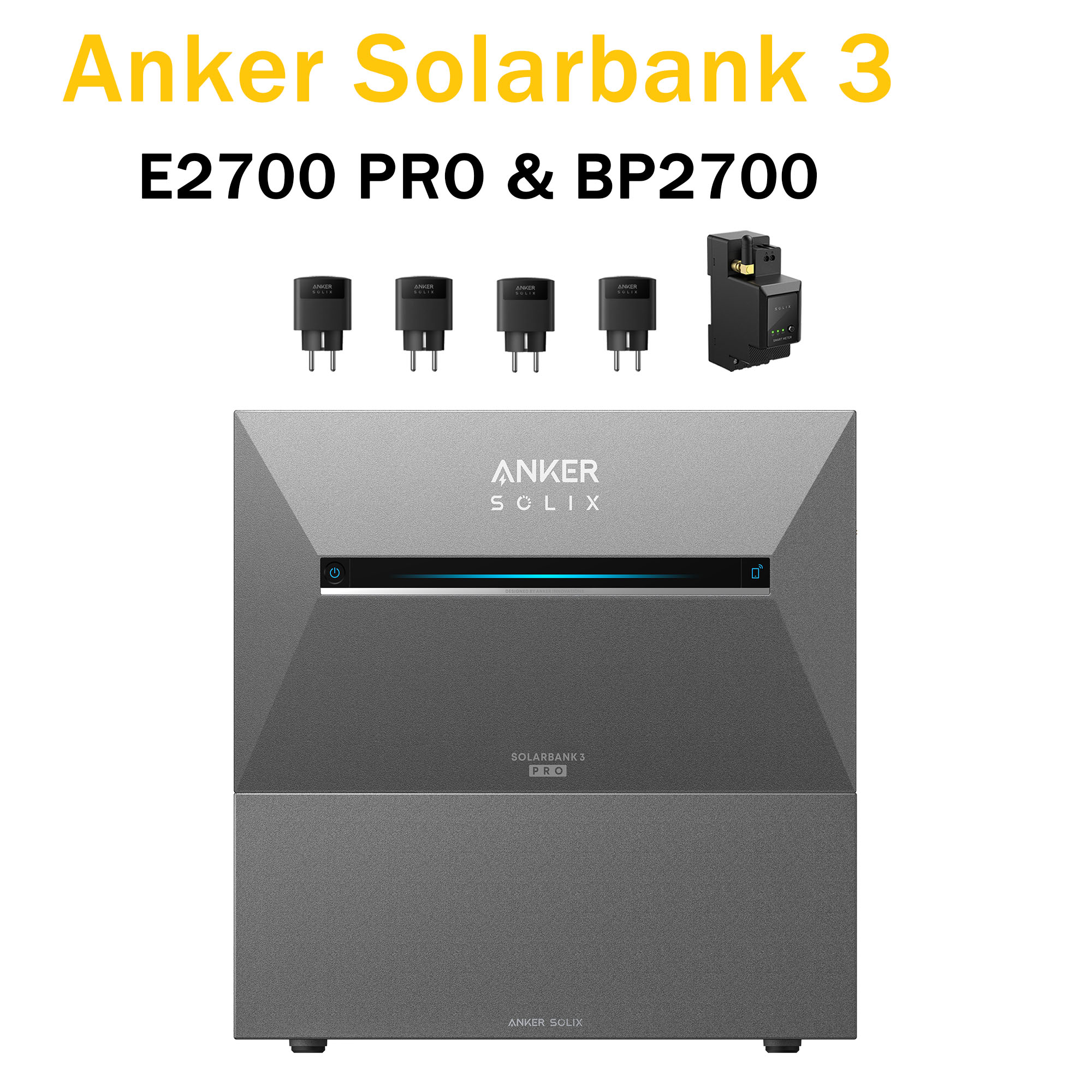 Anker Solarbank 3, mit silbernem Gehäuse und Zubehör. Es enthält Ladeanschlüsse und Sonnenkollektoren.