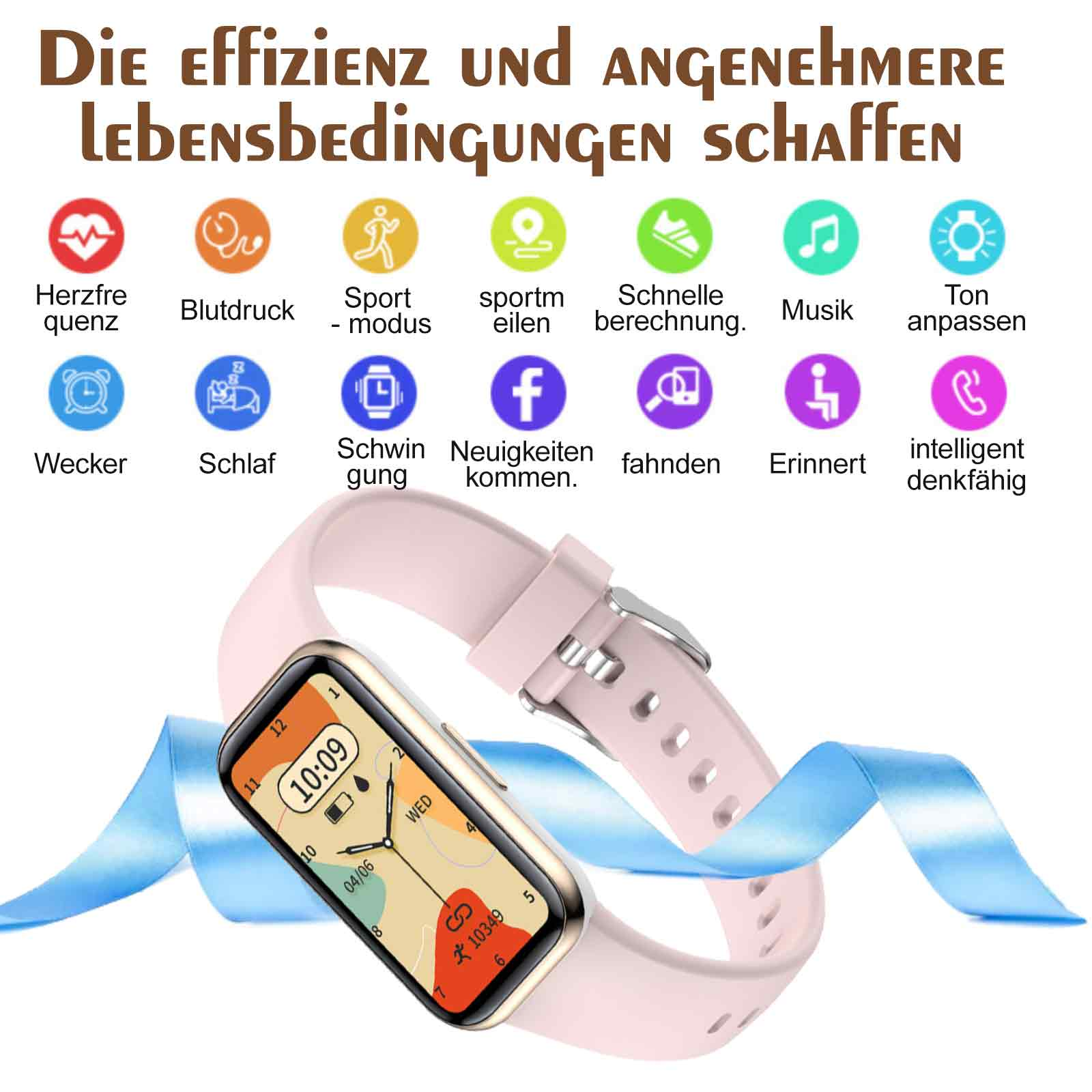 Eine Smartwatch mit pinkfarbenem Armband zeigt mehrere Gesundheitssymbole und die Uhrzeit an.