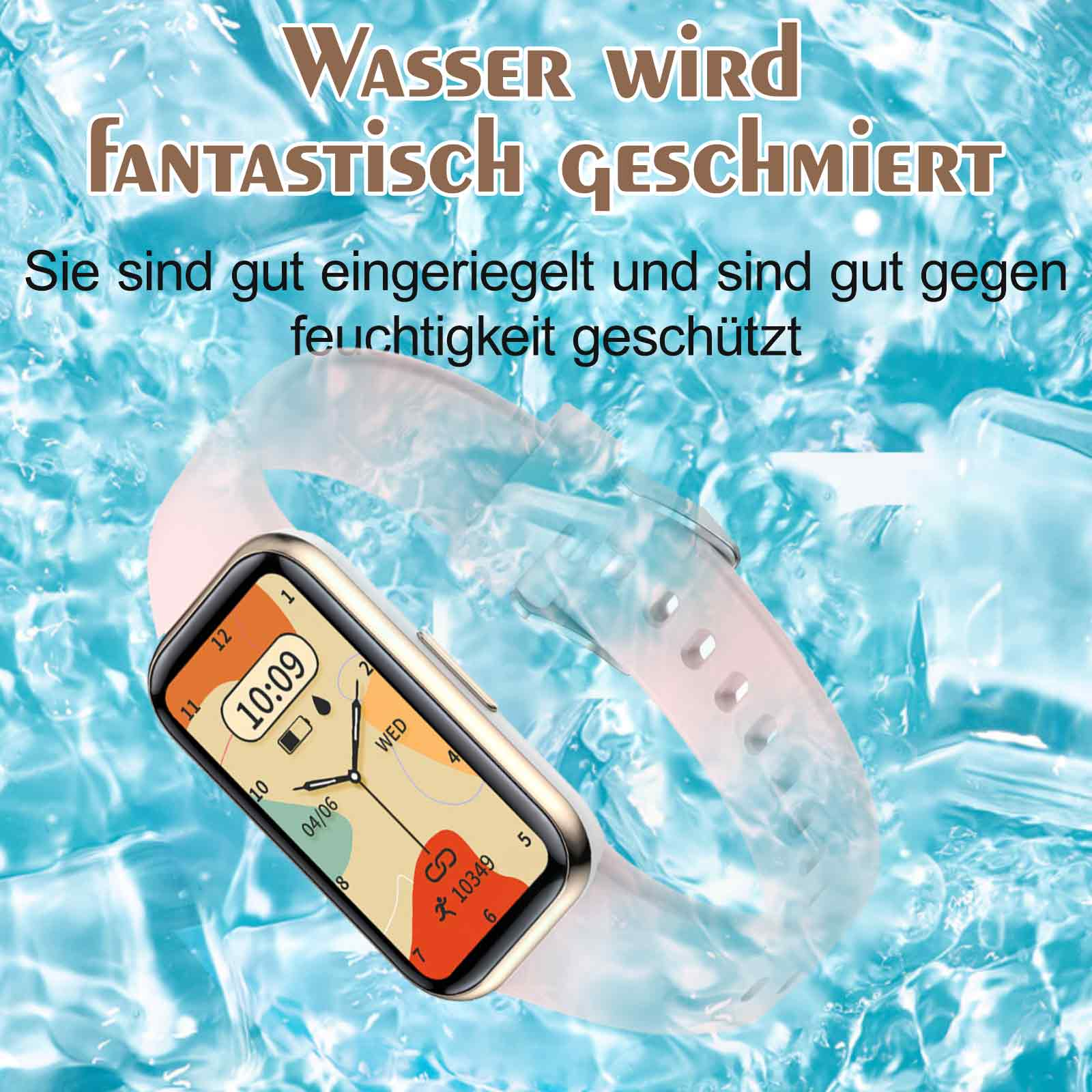 Smartwatch mit rosa Armband und Digitalanzeige. Es zeigt die Uhrzeit und andere Informationen an. Der Hintergrund ist blau.