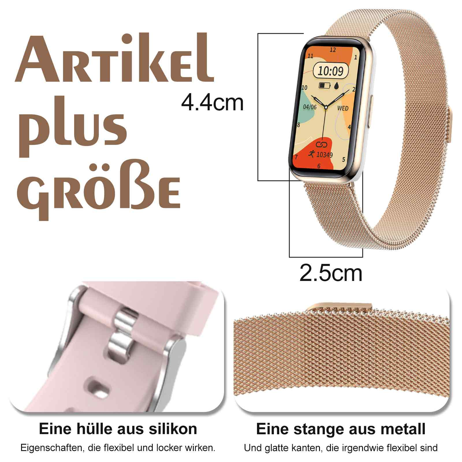 Eine Smartwatch mit goldfarbenem Gehäuse und rosa Armband. Zwei Nahaufnahmen der Uhr und des Armbands werden angezeigt.