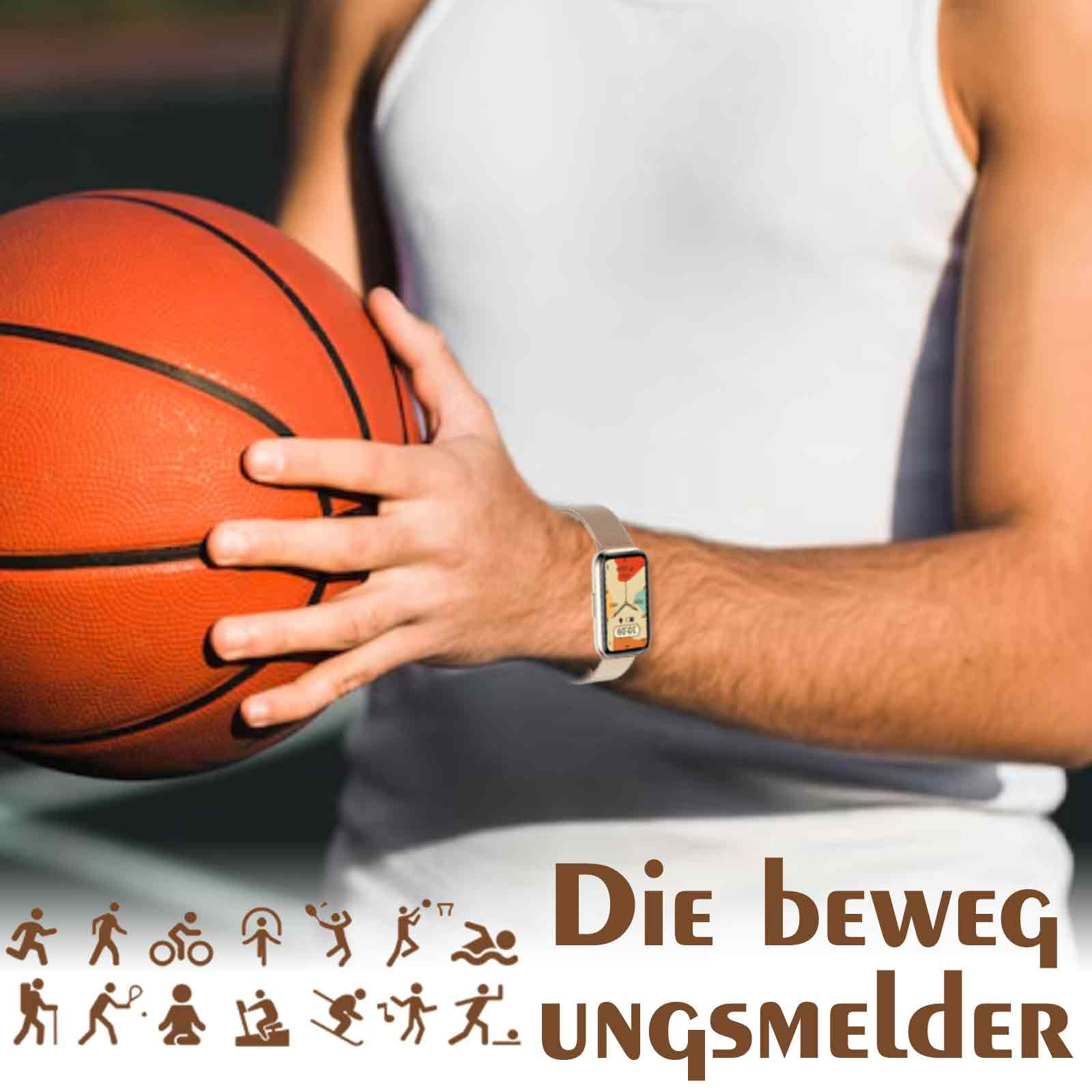 Eine Person mit einer Smartwatch und einem Basketball. Unten befinden sich Aktivitätssymbole.