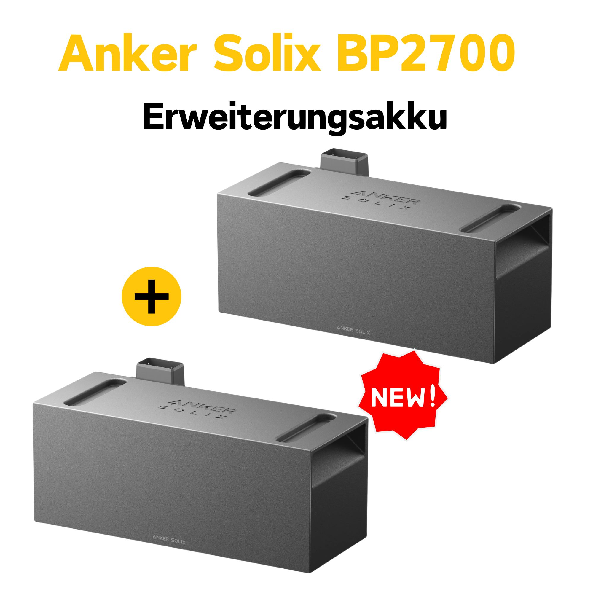 Zwei graue rechteckige Anker Solix BP2700 Batterien auf weißem Hintergrund. Ein Pluszeichen steht zwischen ihnen. Ein rotes New!-Tag.