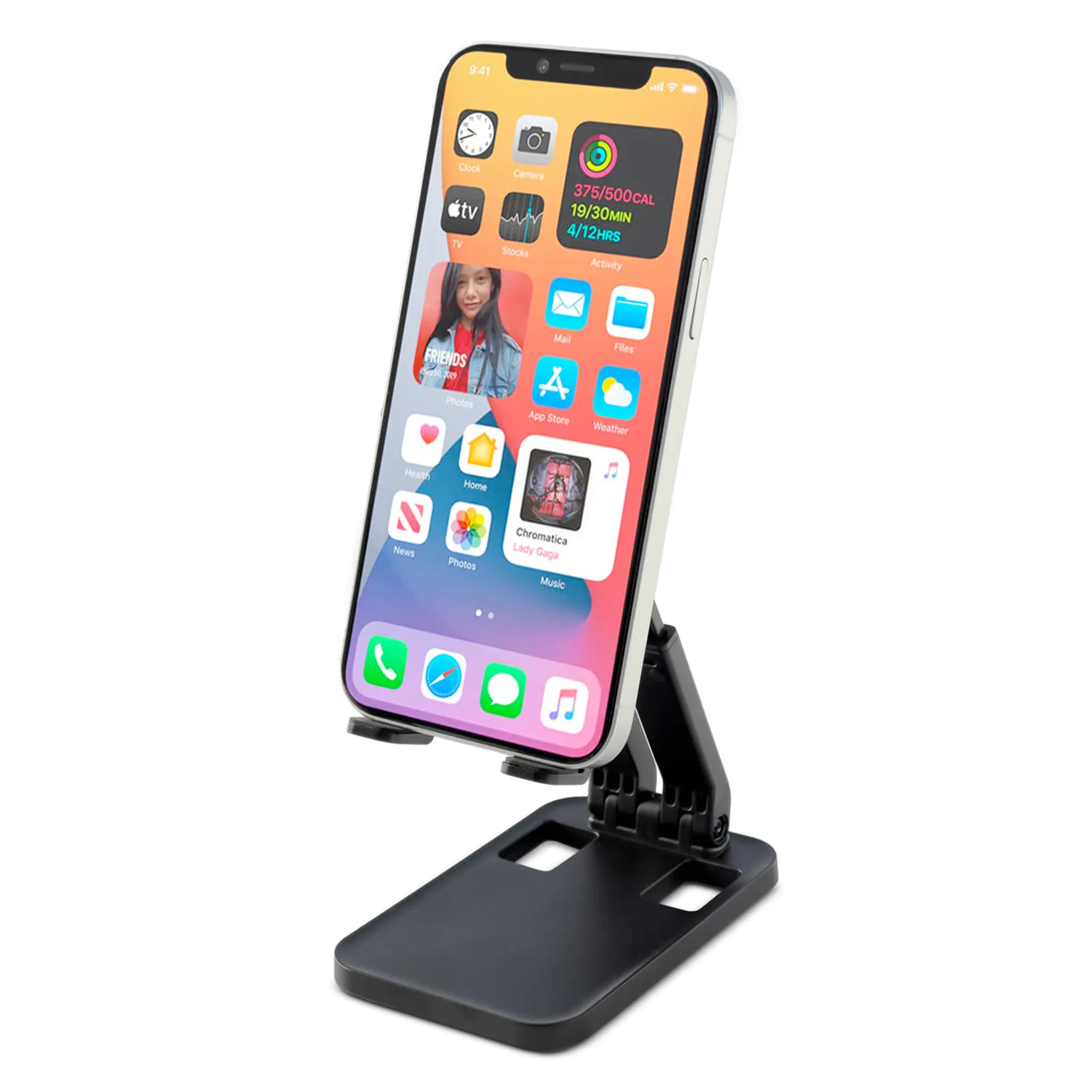Schwarzer Telefonständer, der ein iPhone hält und App-Symbole zeigt.