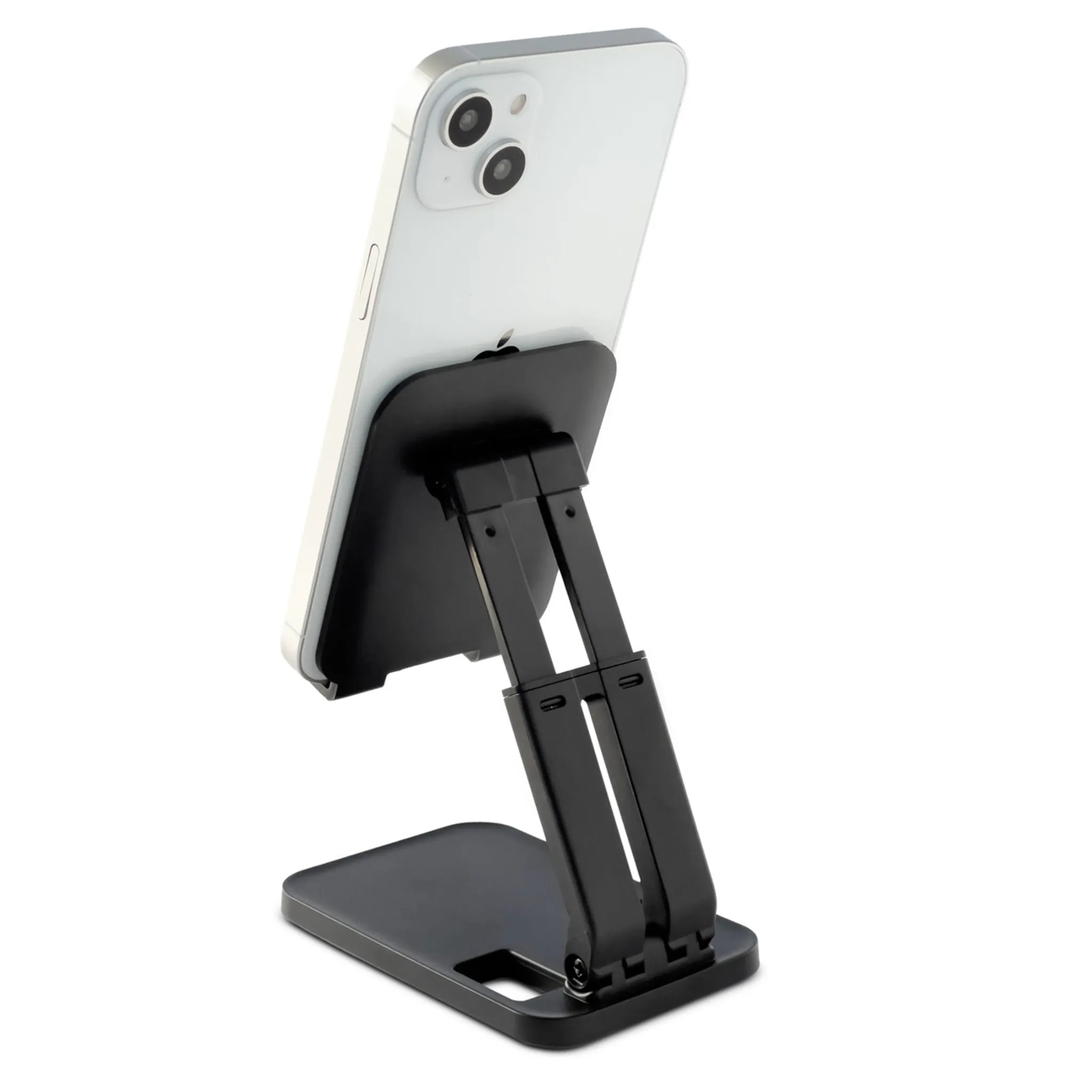 Schwarzer Telefonständer, der ein weißes Telefon hält, abgewinkelte Ansicht.