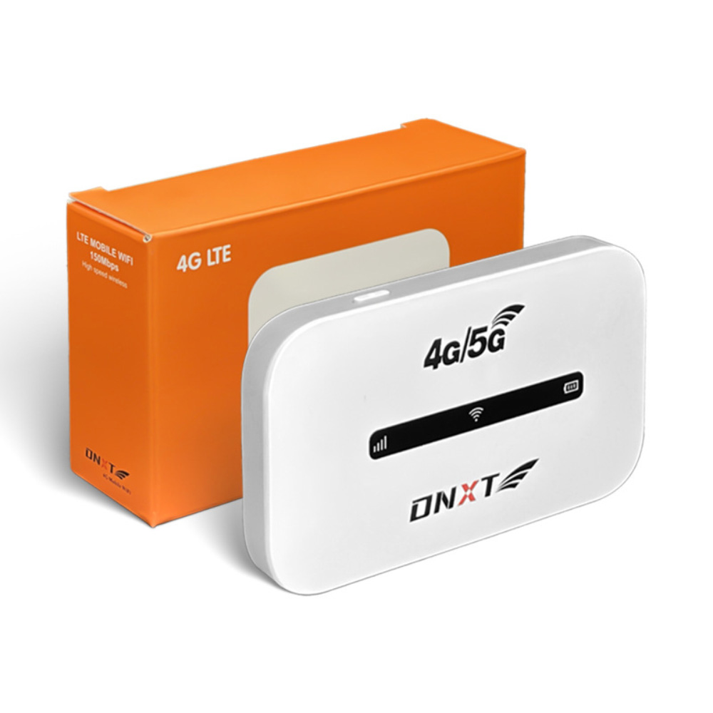 Weißer 4G/5G WLAN-Router mit schwarzem Balken und orangefarbener Box dahinter.