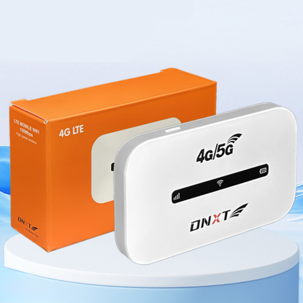 Weiße und orangefarbene Box und weißes Gerät mit 4G/5G-Logo.