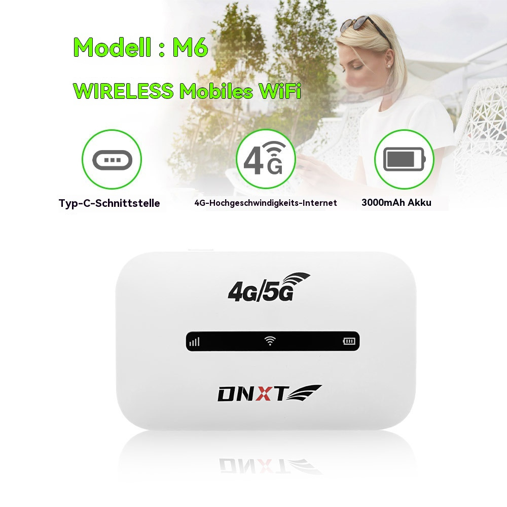 Weißer 4G/5G WLAN-Router mit Text und Symbolen, im Hintergrund eine Frau.