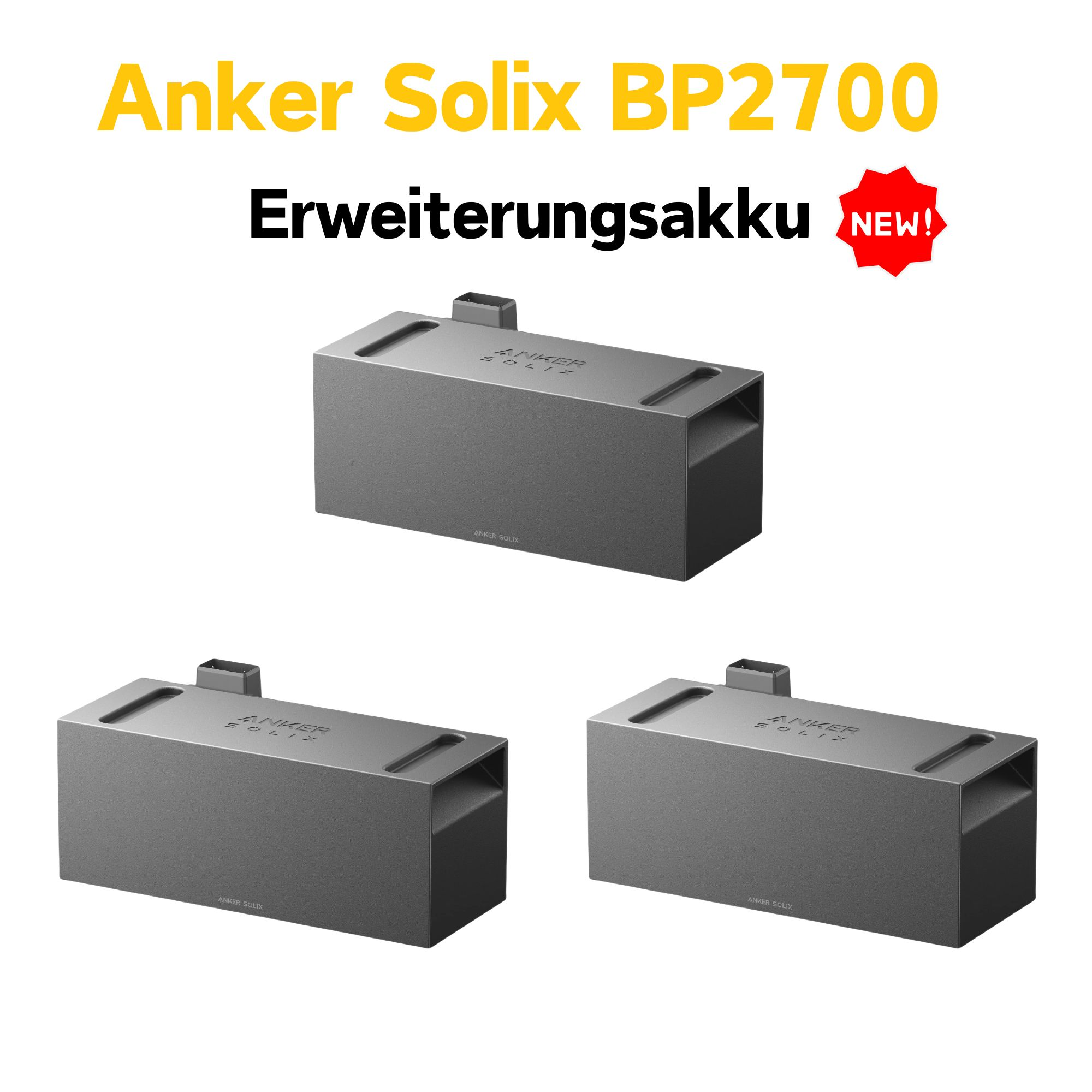 Drei graue Akkus mit Anker Solix BP2700 Text.